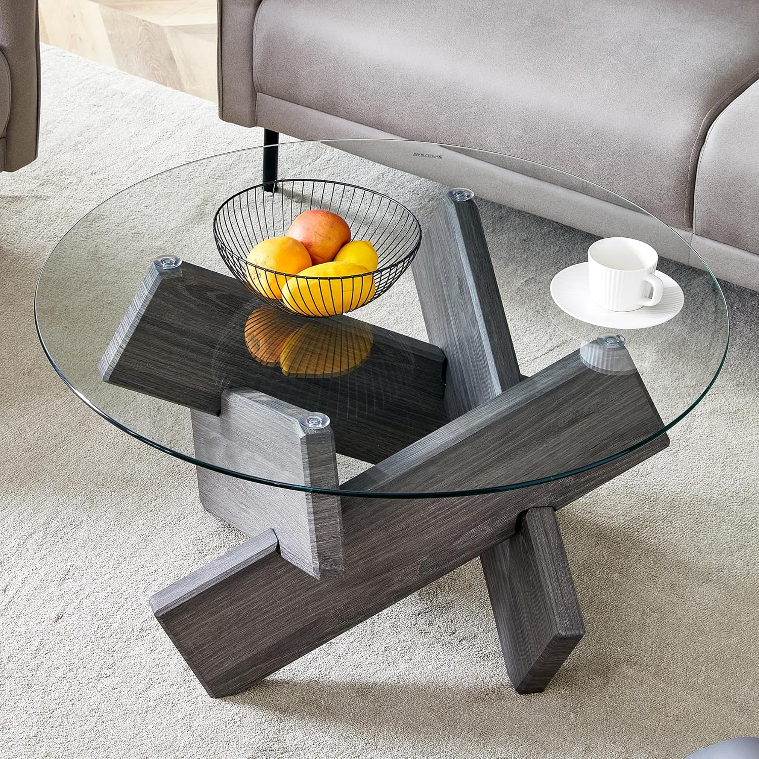 Glass Coffee Tables for Living Room Modern Elegant Round Coffee Table Mid Century Farmhouse Center Table with Wooden Base and Tempered Glass Tabletop, Easy Assembly,33.4 inch