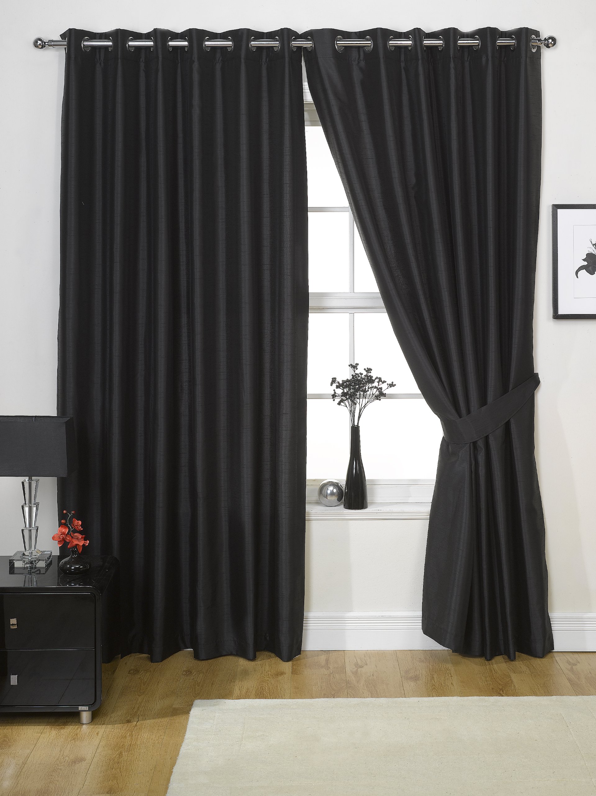 Viceroy Bedding Black Viceroybedding Faux Silk Eyelet Lined Curtains Width 66" X Drop 54" With Silver/Chrome Eyelets