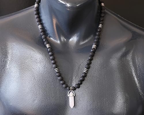 Miniatura 2 de ElisaJewelryArt - Natural Pink Quartz Pointed Pendant Black Lava Stone Beaded Necklace Genuine Gemstone Love Stone Clasp Closure Necklace Unisex