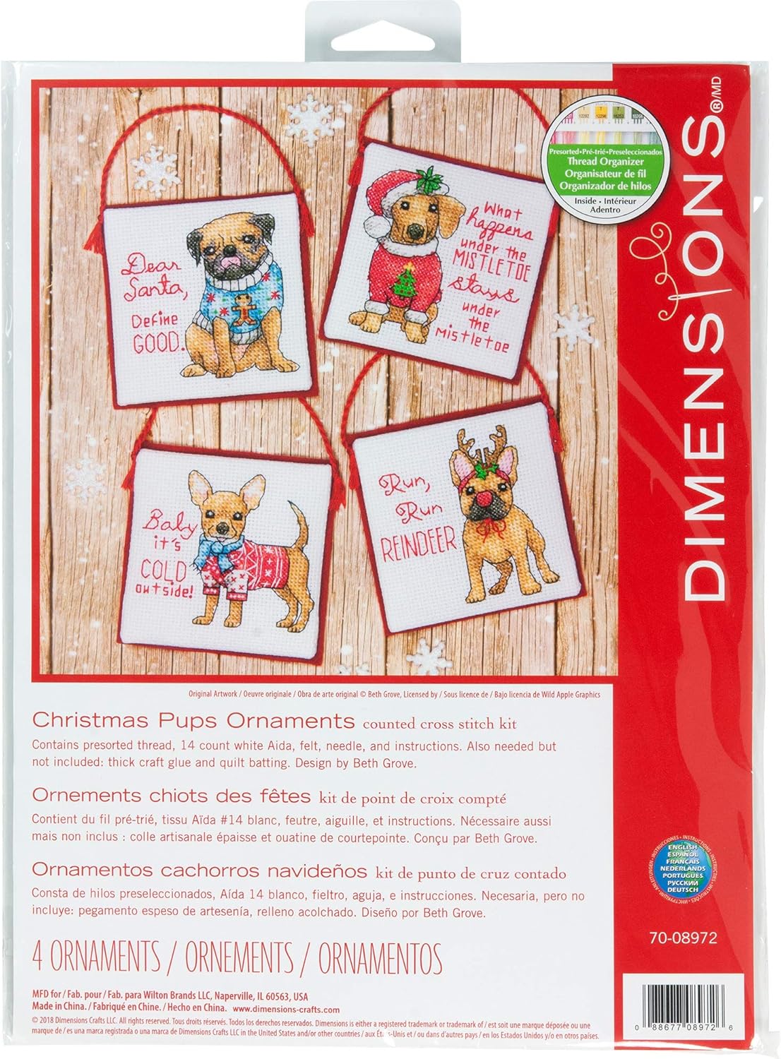 Dimensions 'Christmas Pups' Counted Cross Stitch Ornament Kit, 14 Count Ivory Aida Cloth, 4pc.