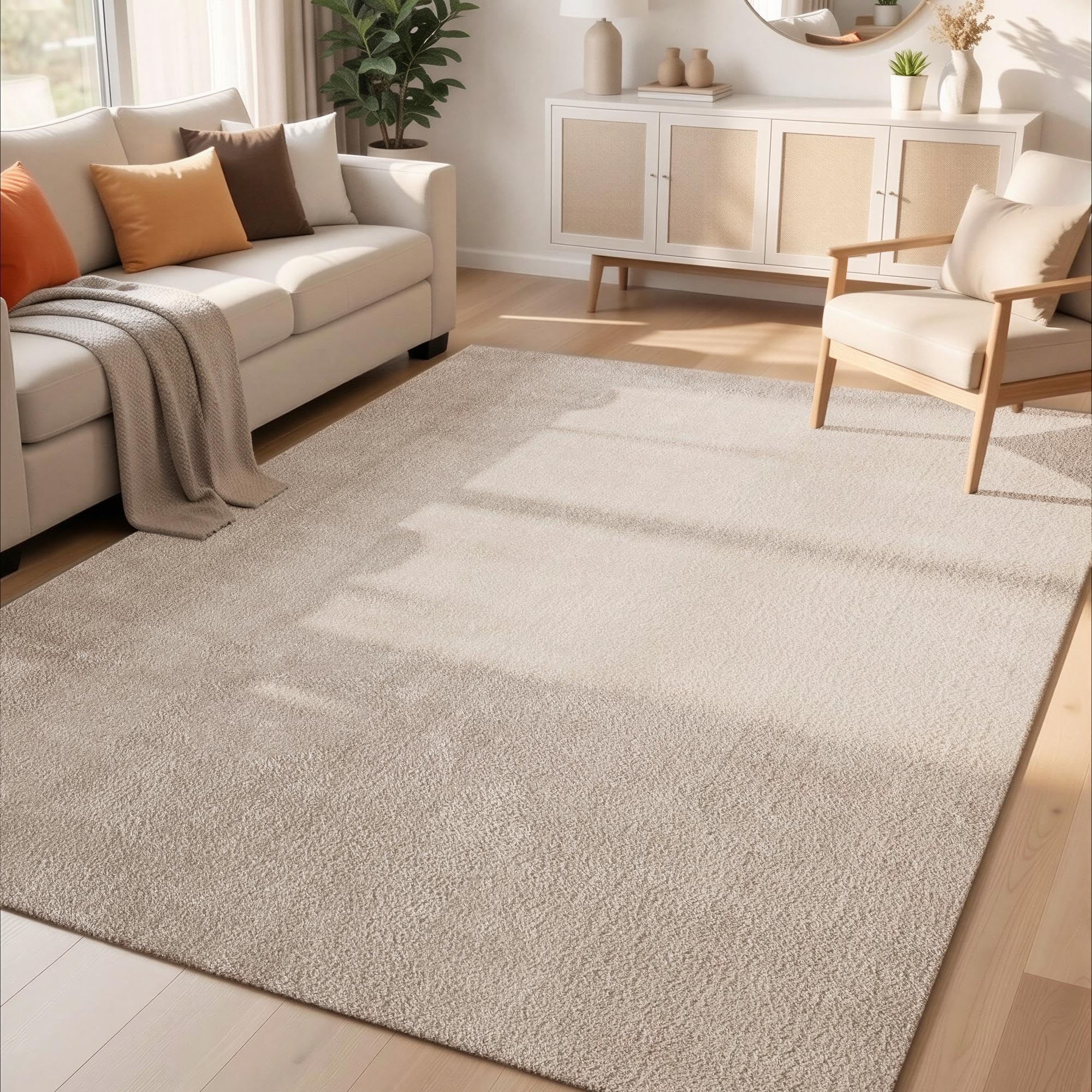 Rugs by Desire Comfy Washable Modern Living Room Rug Polyester Plain Indoor Area Rug with Low Pile - Anti-Slip Felt Backing SuperSoft Carpet Bedroom-Hallway, Dark Beige, 200x280 cm