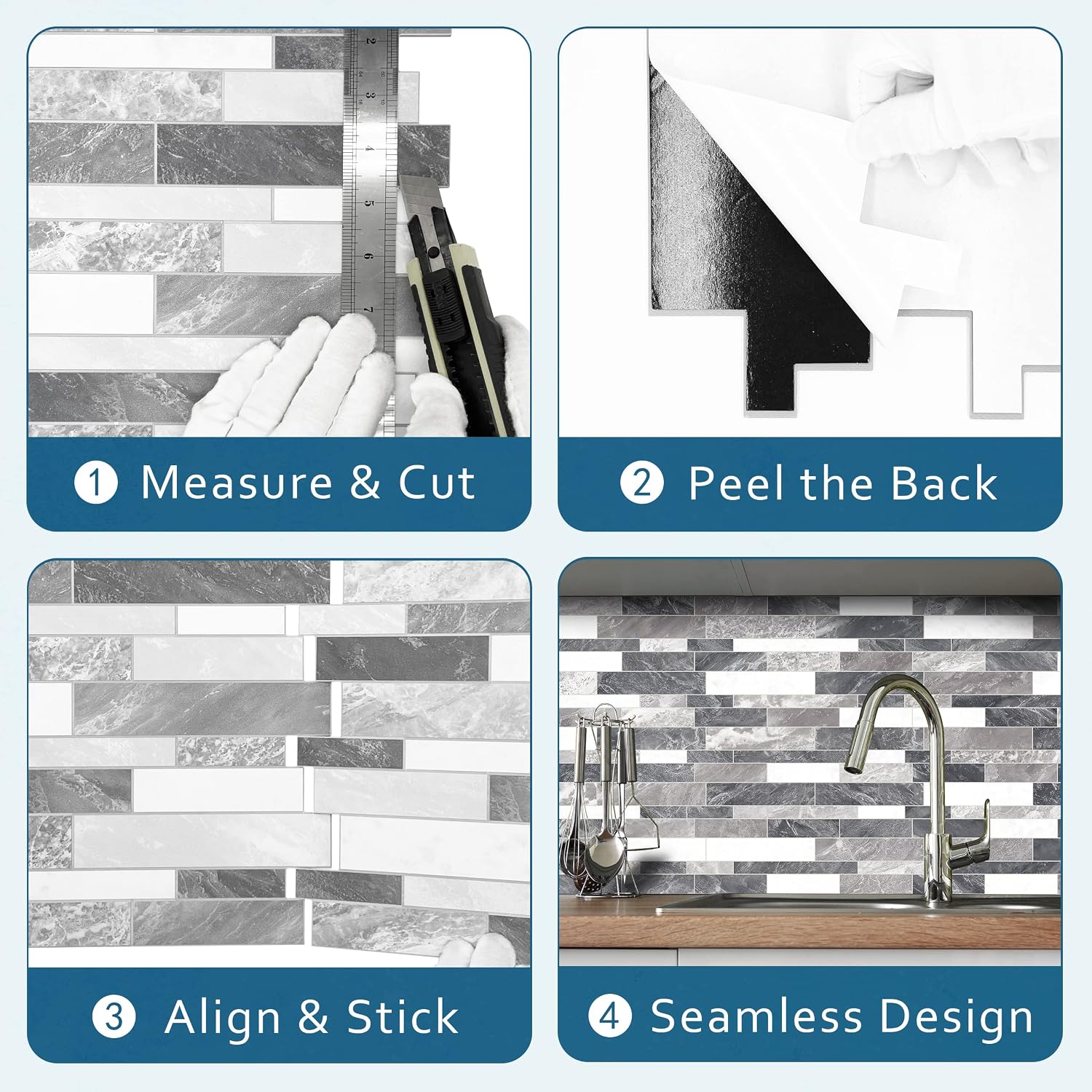 SUNWINGS 10-Sheet Peel and Stick Backsplash Stone Composite Self Adhesive Tiles, 11.1" x 11.3" Grey White Mixed Embellished Stripes Brick Stick on Backsplash for Kitchen, Bathroom, Fireplace