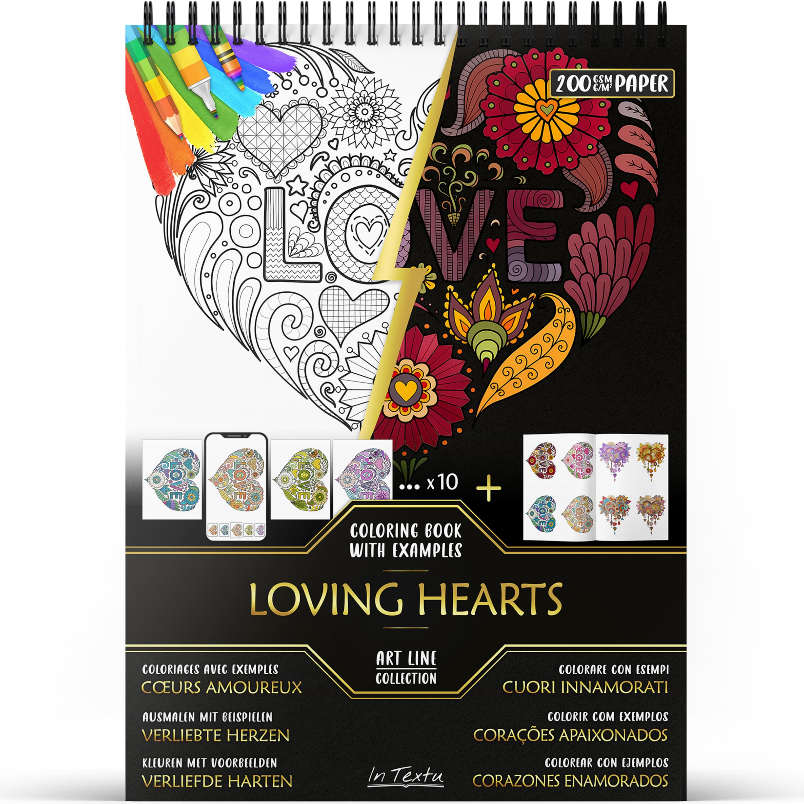 In Textu Colouring Book – Loving Hearts – Adult And Teen Coloring Book With Inspiring Colored Examples – Premium 200Gsm Paper – Fine Spiral Binding – Relaxing Coloring Pad