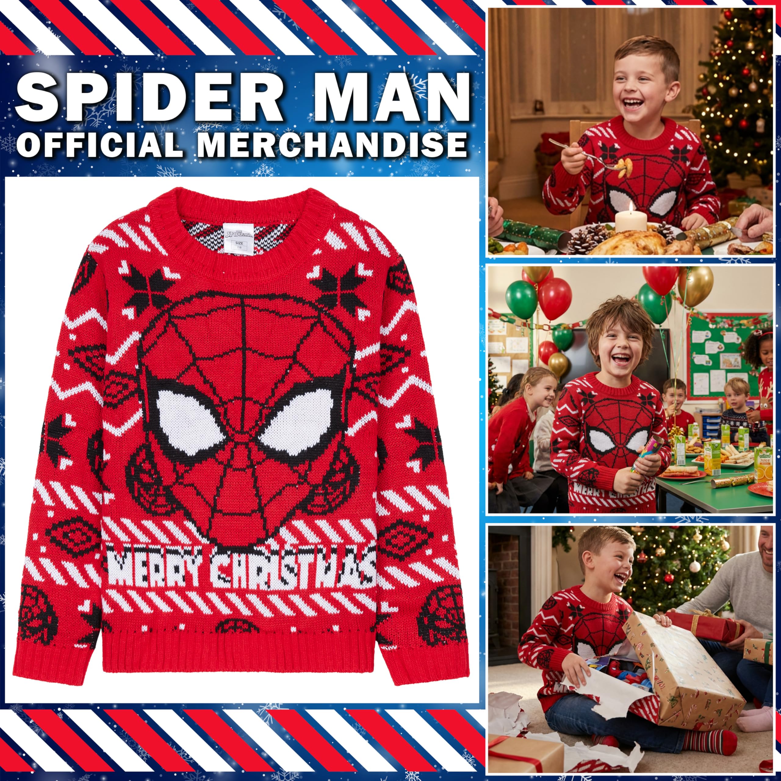 Marvel Spiderman Jersey Navideño Niños Suéter Punto Cuello Redondo