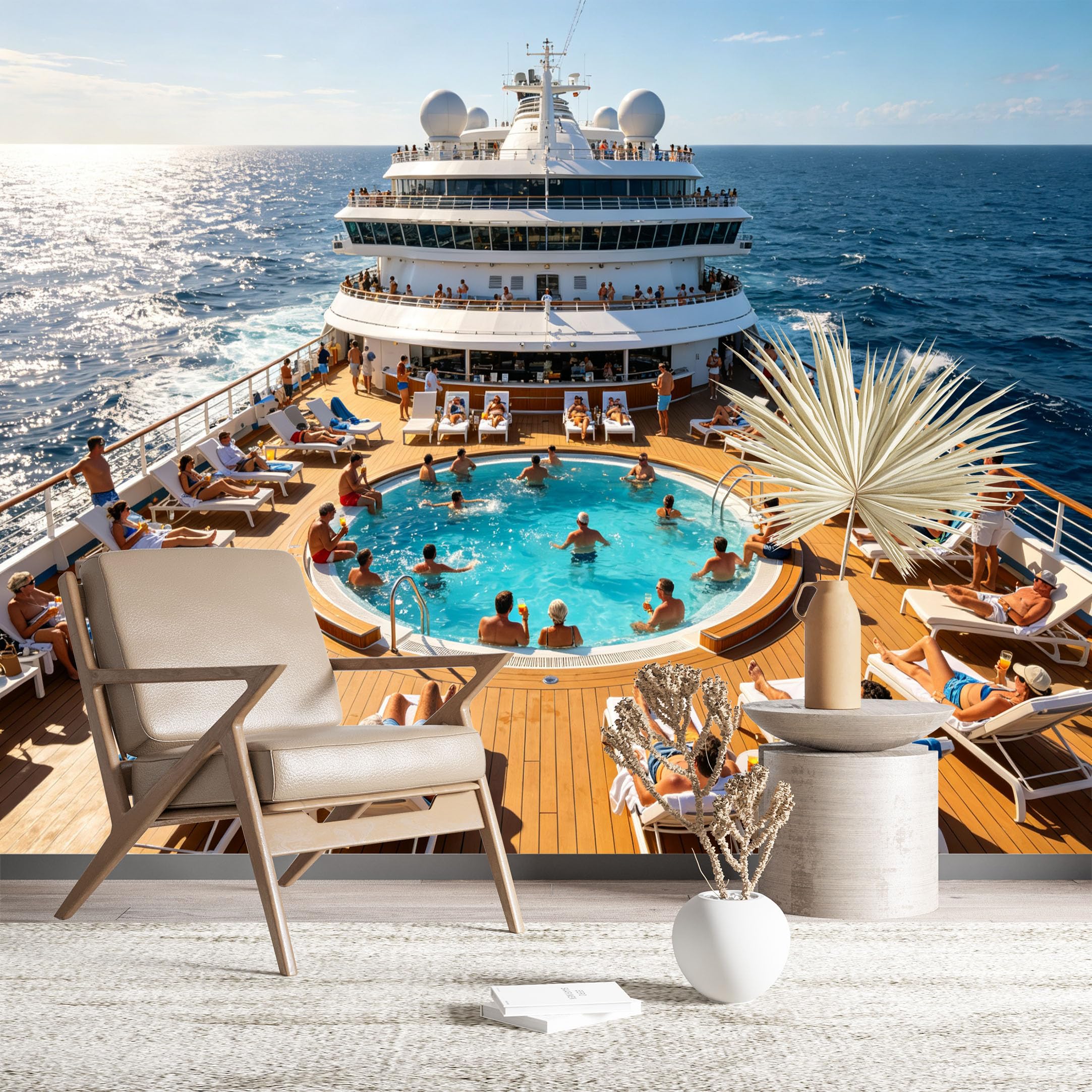 Custom Size Wall Murals Cruise Ship Pool Deck Wall Murals Vacation Wallpaper HD Self-Adhesive Removable Wallpaper for Living Room Bedroom