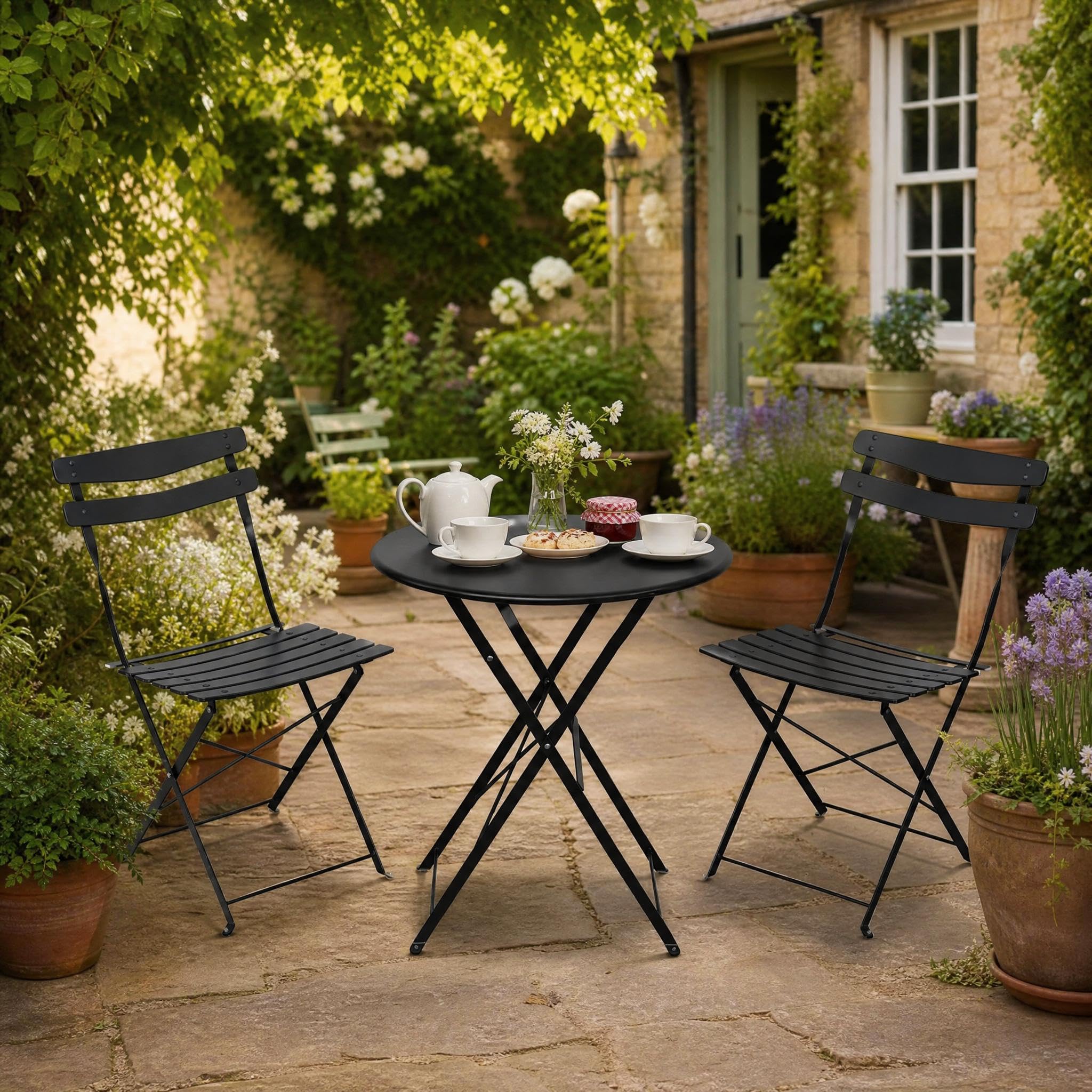 GarveeMore 3 Piece Bistro Set for 2, Folding Garden Table and Chairs Set of 2, Weatherproof Metal Outdoor Seating, Small Balcony Set, No Assembly 2 Seater Patio Set for Conservatory & Terrace - Black