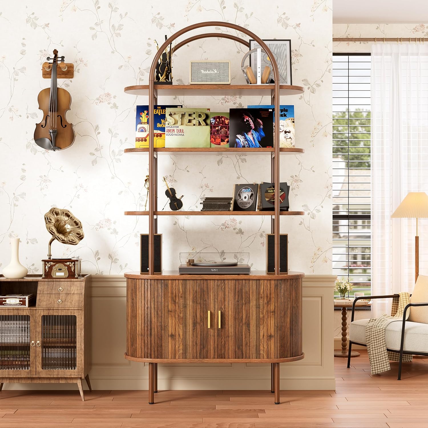 Soporte alto para tocadiscos de vinilo, estantería arqueada de 4 niveles con puertas corredizas, gabinete de almacenamiento de discos retro, estante