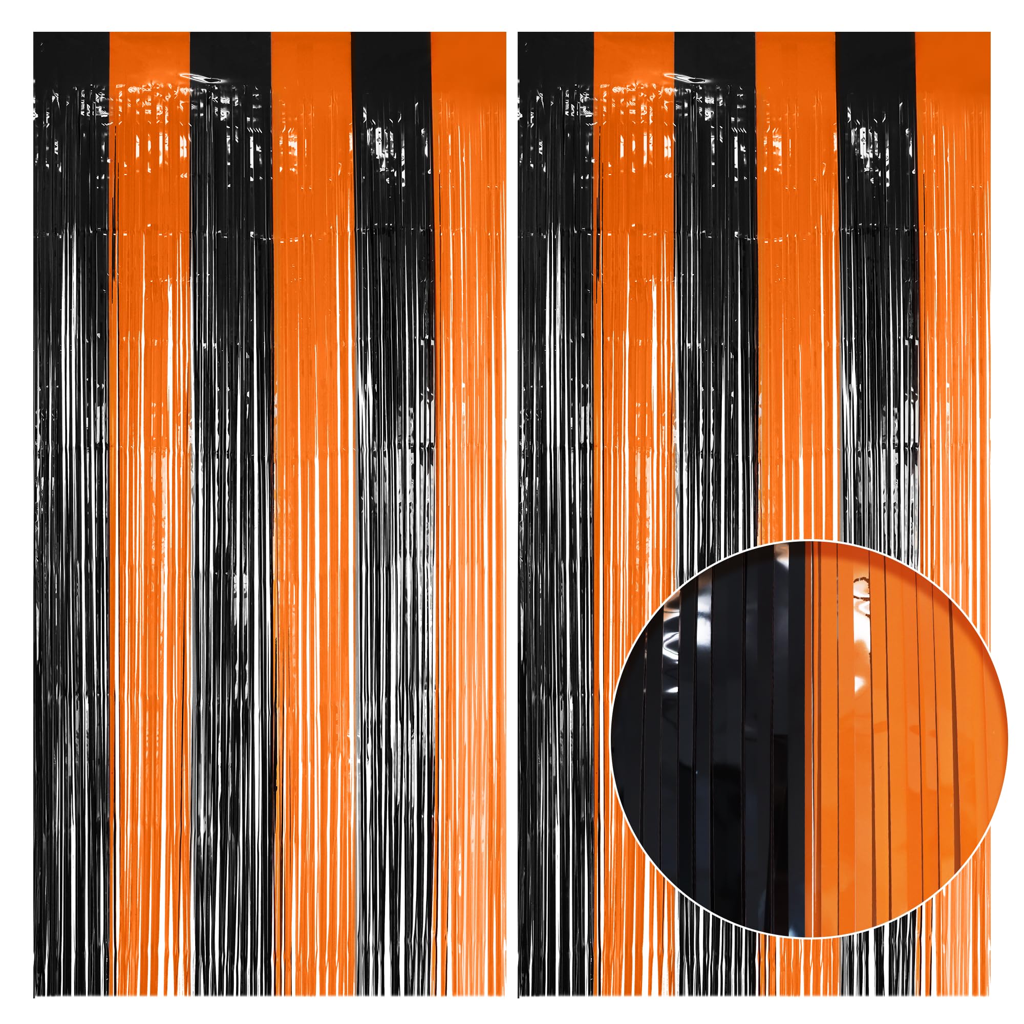2 Pack Orange & Black Fringe Backdrop, 3.2x8.2ft Shining Foil Tinsel Curtains, Birthday Party Decorations Door Streamers for Halloween, Christmas,