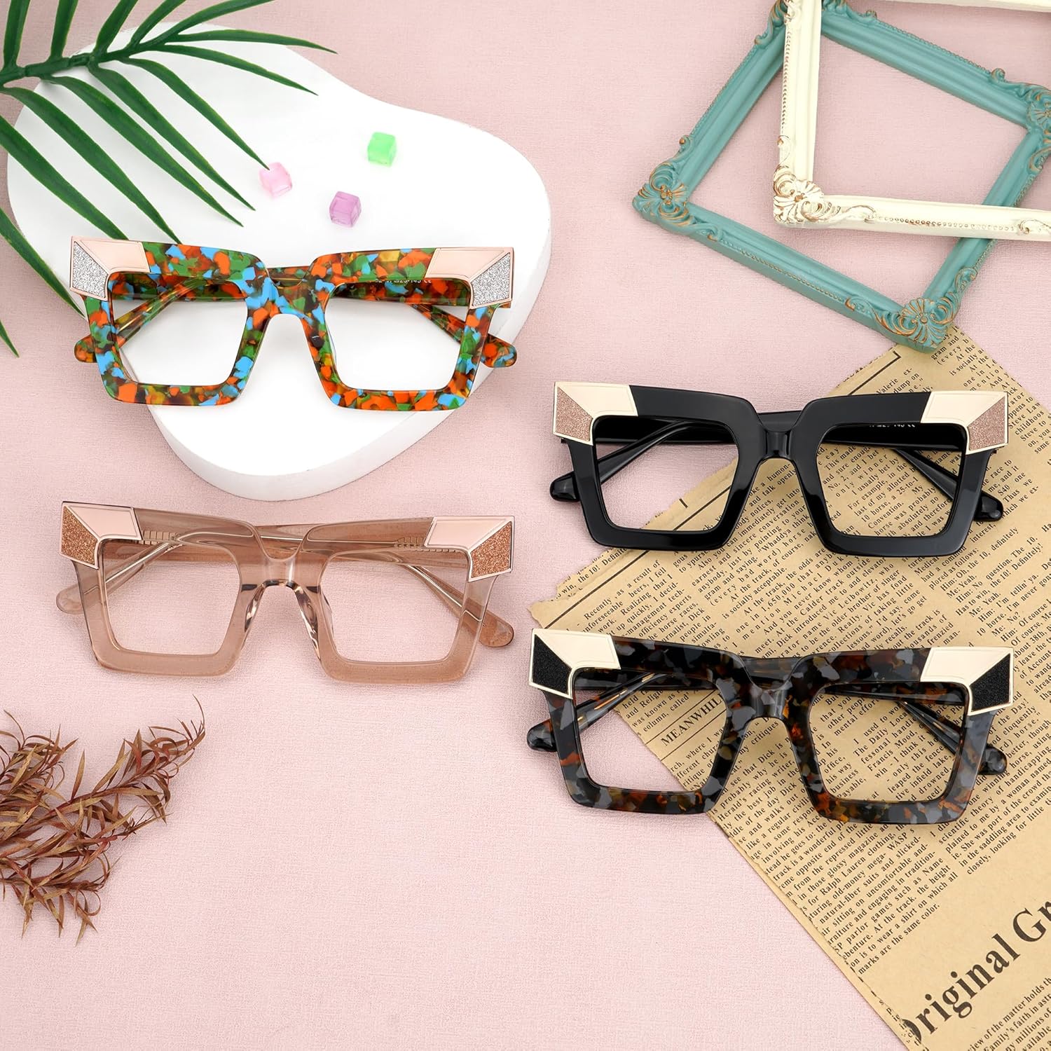 Zeelool Sqaure Glasses Frame for Women, Acetate Stylish Eyeglasses Frame with Non-prescription Clear Lenses ZJGA675299