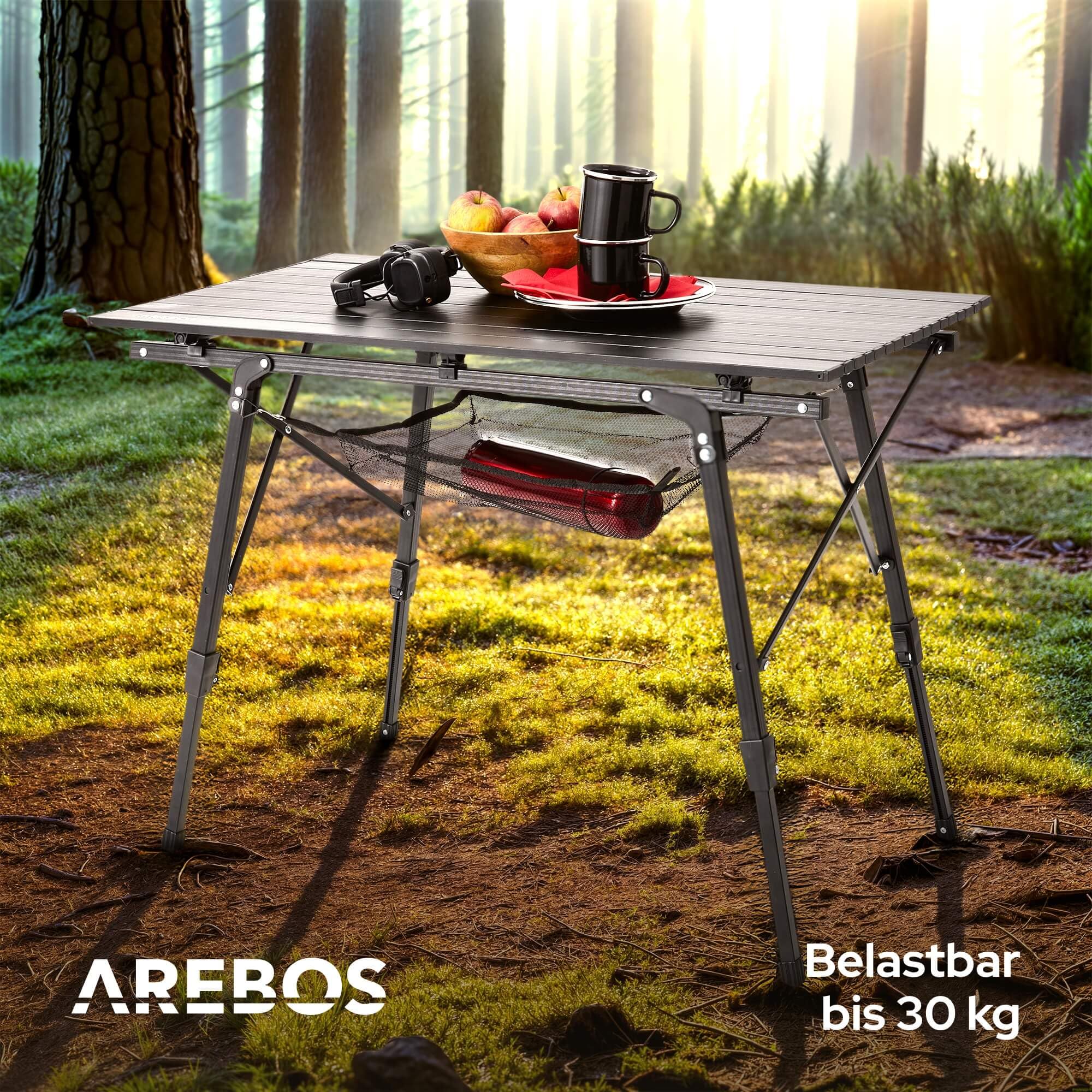 Arebos Campingtisch faltbar 120 x 70 cm | Klapptisch höhenverstellbar 58-78 cm | Camping Zubehör, Garten, Grill, Picknick | Camping Tisch klappbarer Falttisch | Reisetisch inkl. Tragetasche | Schwarz