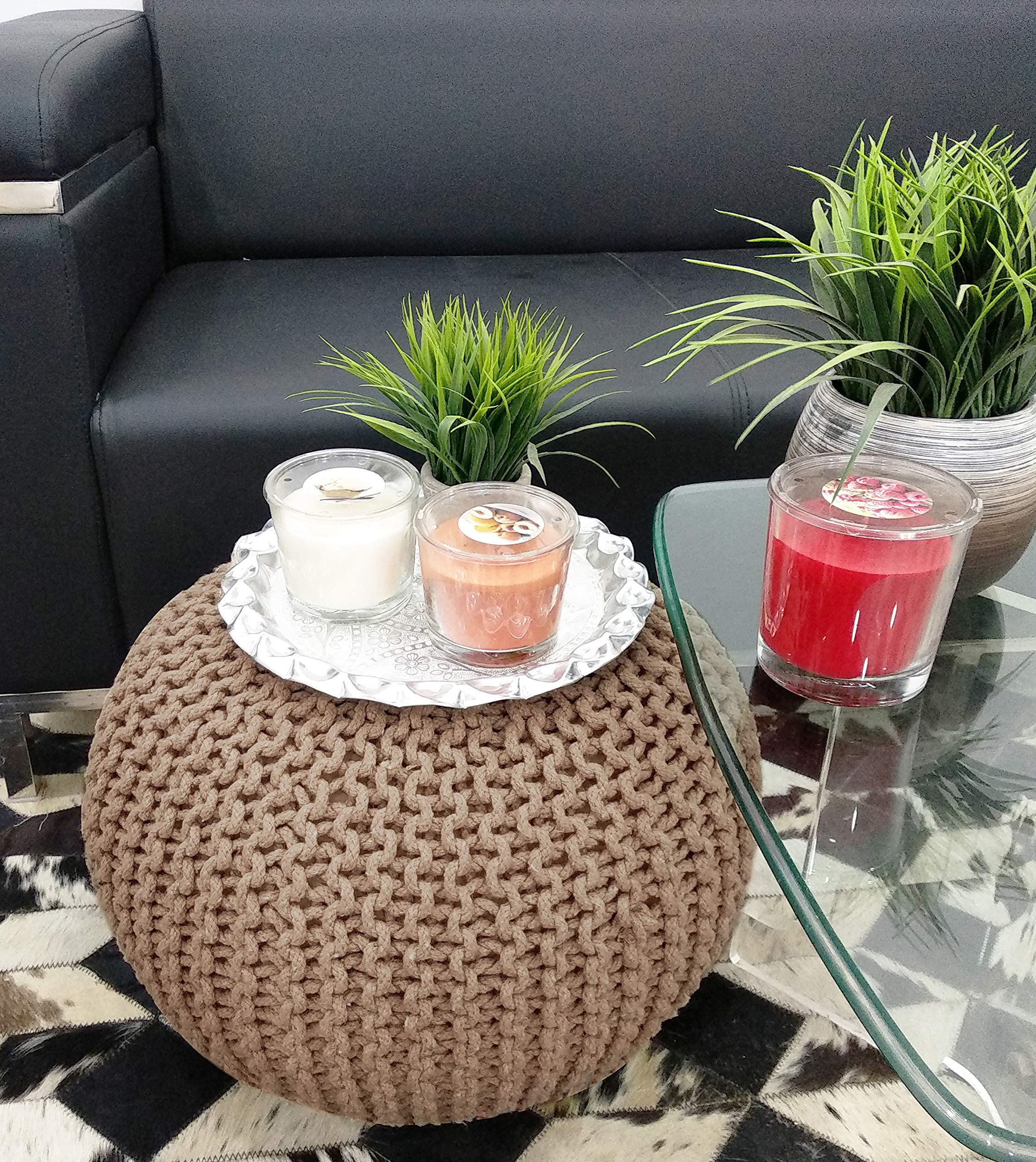 Frelish Decor Round Pouf Foot Stool Ottoman - Hand Knitted Bean Bag - Cord Boho Pouffe - Poof Accent Beanbag Chair Footrest for The Living Room, Bedroom, Nursery, Patio, Lounge (Taupe 20x20x14 Inch)