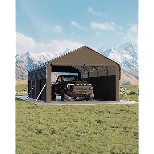 Garvee 12'X20'X9' Metal Carport, Enclosed Car Ports with Heavy Duty Steel Frame and 220 g Tarp, All-Weather Carport for Full-Size Pickup Trucks, Boats, and Tractors