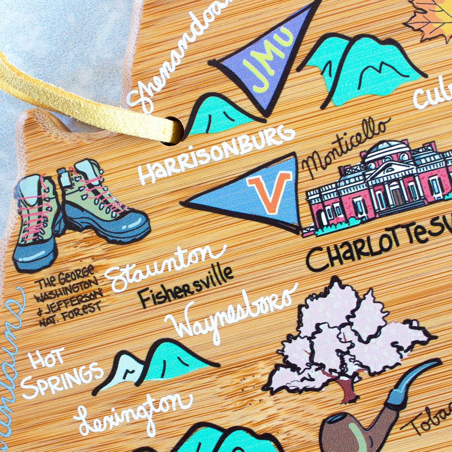 Totally Bamboo Virginia State Shaped Cutting Board and Charcuterie Serving Platter with Artwork by Fish Kiss, Includes Hang Tie for Wall Display - Image 2