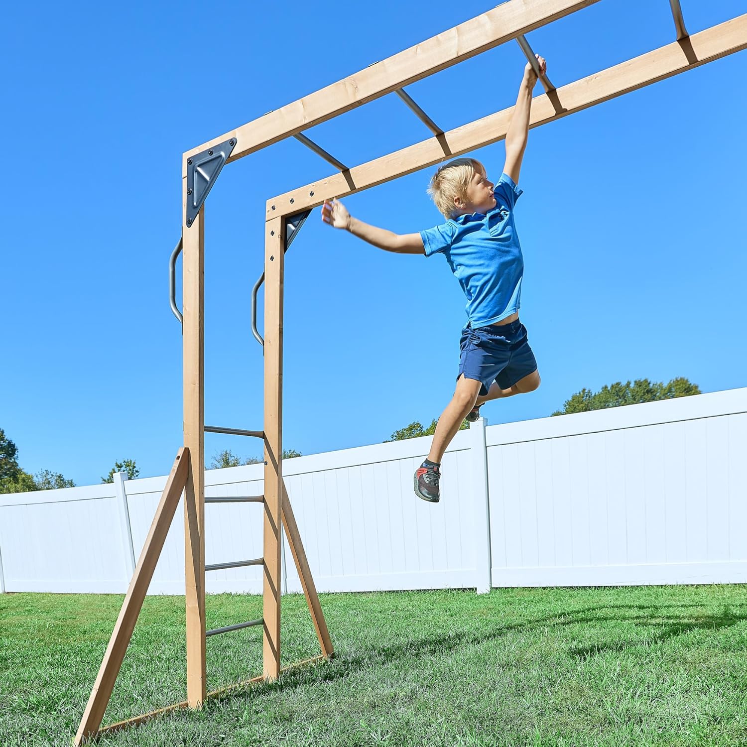 Backyard Discovery Dover Bay Spruce Wood Swing Set with Wave Slide, Clubhouse, Monkey Bars, Rock Wall, Belt Swings, Step Ladder, Toy Telescope, Chalkboard, Outdoor Playset