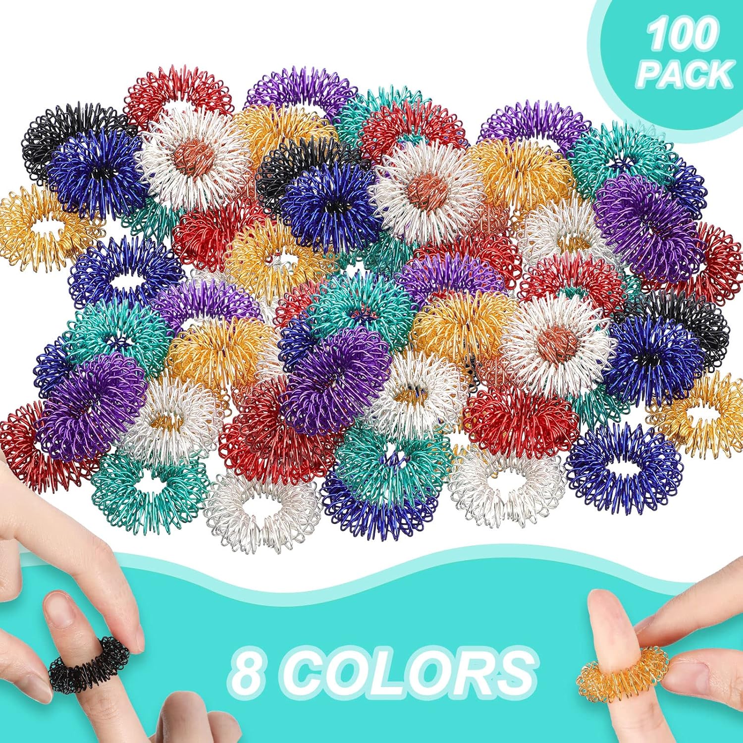 100 Pack Spiky Sensory Finger Rings, Acupressure Spiky Sensory Finger Rings for Adults, Silent Stress Reducer and Massager Fidget Ring for Anxiety for Men, Women(Classic Colors)