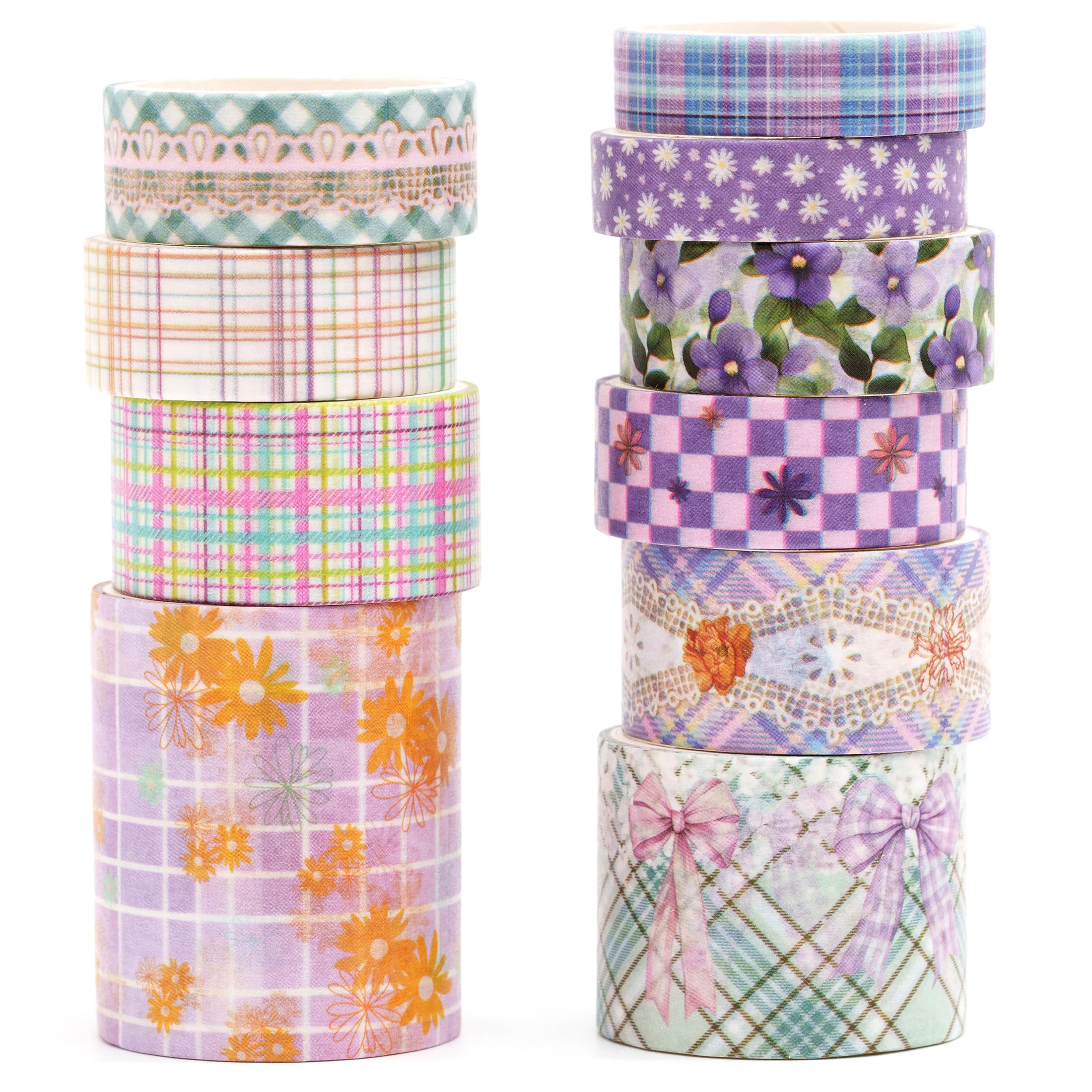 Songdao 10 Rolls Vintage Floral Washi Tape Set Pastel Plaid Arts Adhesive Tapes Soft Colors Decorative Masking Tape Sets for Craft, Kids, Scrapbook, DIY, Gift Wrapping (Lavender Lace)