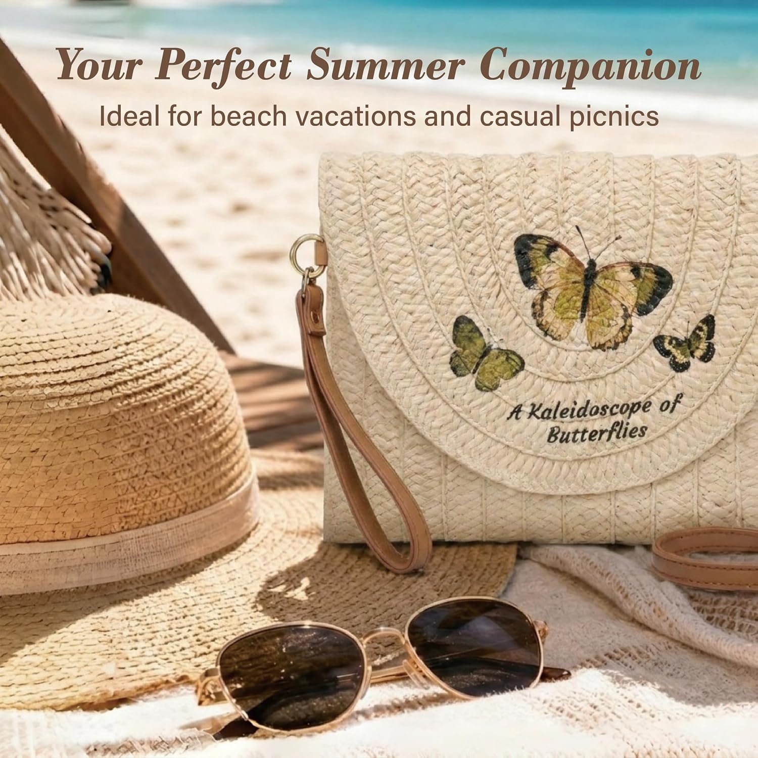 TERSCHELLING Straw Printed Clutch for Women - Woven Summer Beach Shoulder Purse Raffia Evening Bag Envelope Handbags