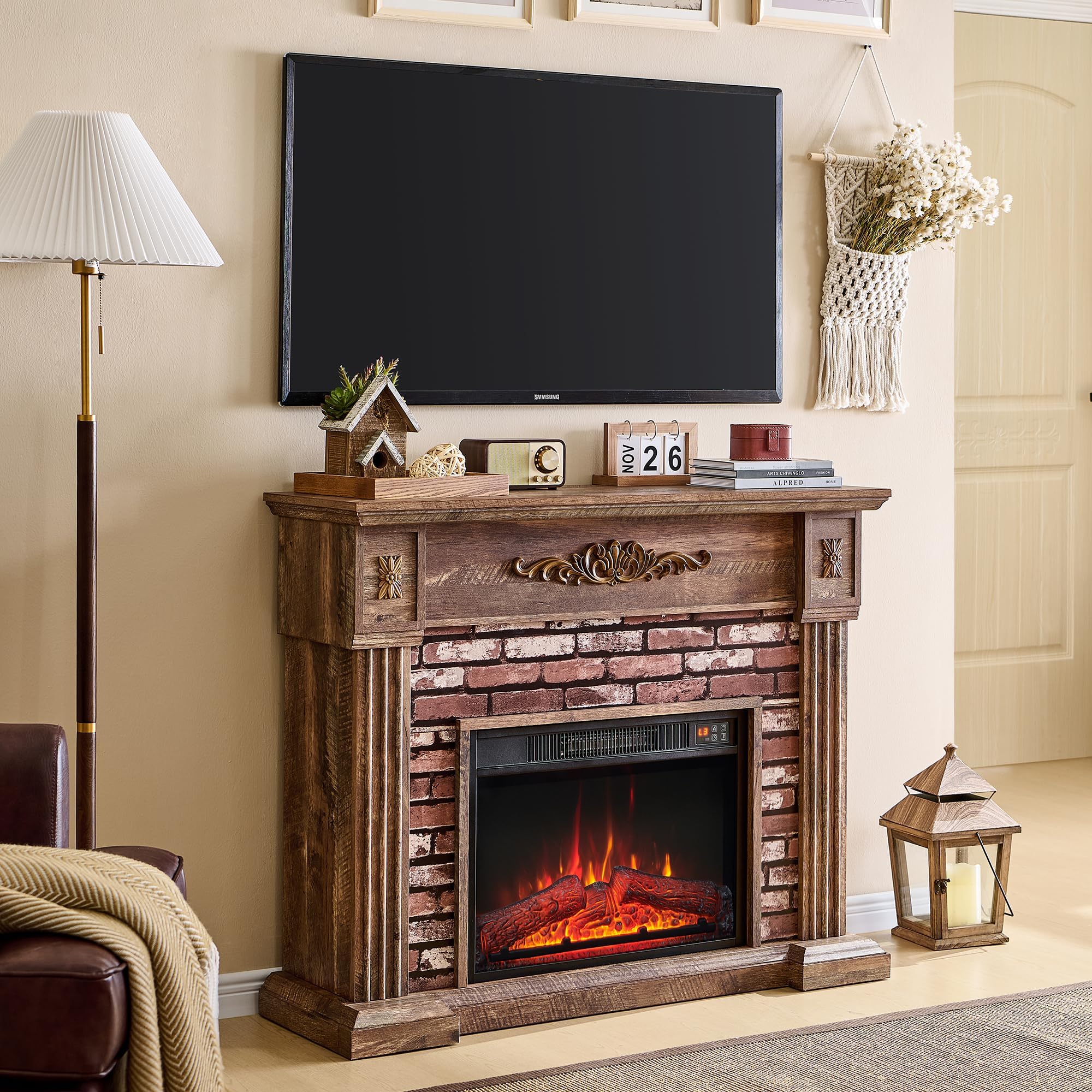 43" Electric Fireplace with Fireplace, Electric Fireplace Heater, TV Stand with Freestanding Electric Fireplaces, Stacked Stone Surround Remote Control, Flame Level