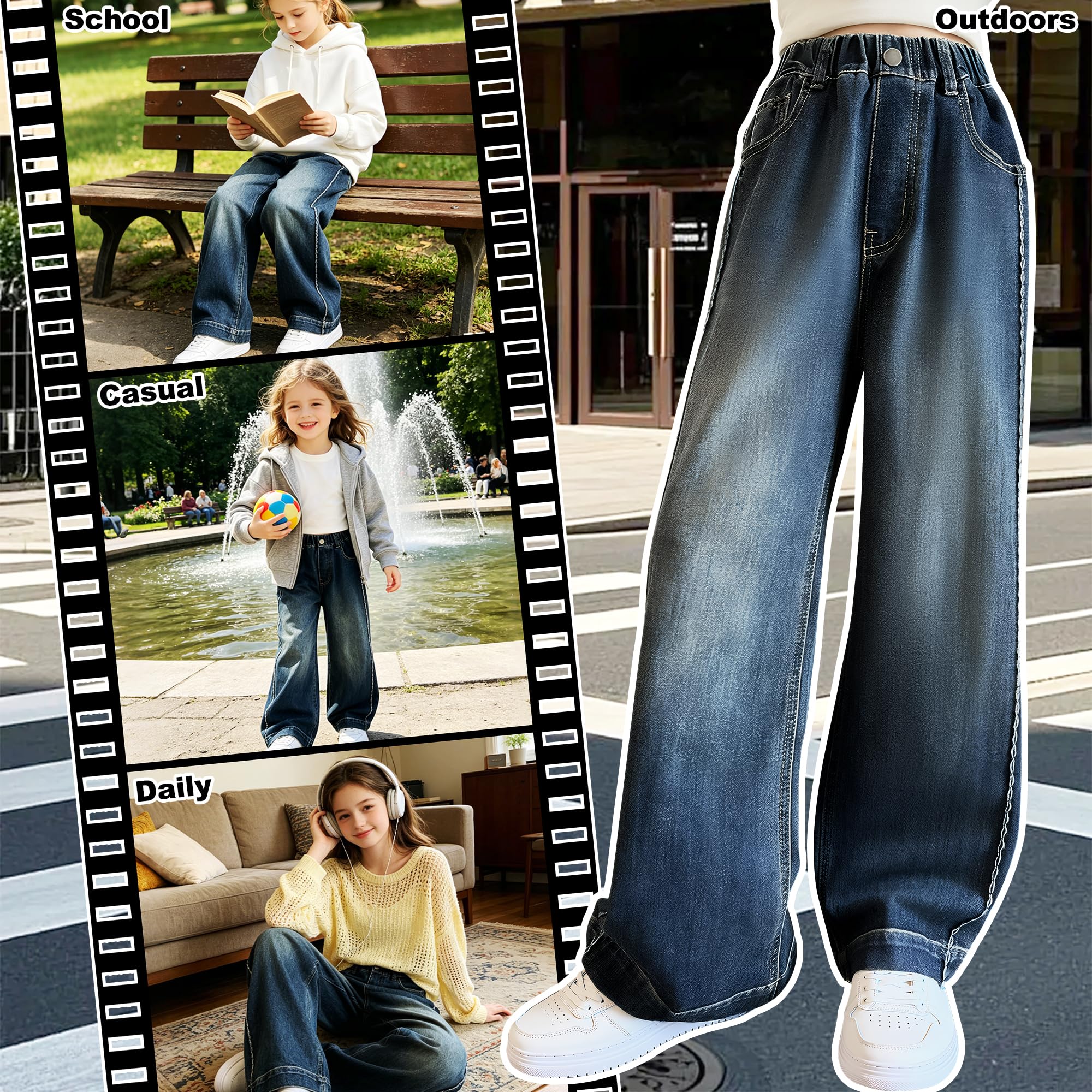 Vaqueros para Niñas, Baggy Cintura Elasticos Denim Jeans Pierna Anchos Pantalones Largo con Bolsillos Cómodo Casual Loose Moda Streetwear Infantil Ropa para 7-14 años