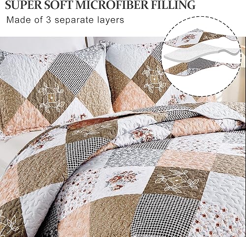 Miniatura 3 de Dinjoy Juego de edredón de retazos a cuadros florales, tamaño California King, juego de ropa de cama reversible marrón, microfibra suave y ligera,