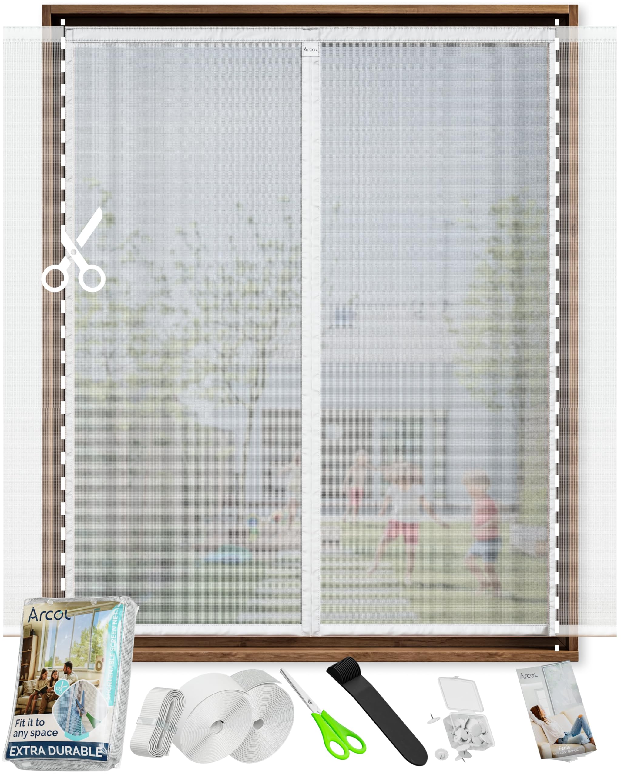 ARCOL Magnetic Fly Screen for Doors Adjustable in Width - Mosquito Net Curtain Door Window with Tear-Off Tapes, Magnetic Mosquito Net for Door Window Can be Shortened (155x150 cm, White)