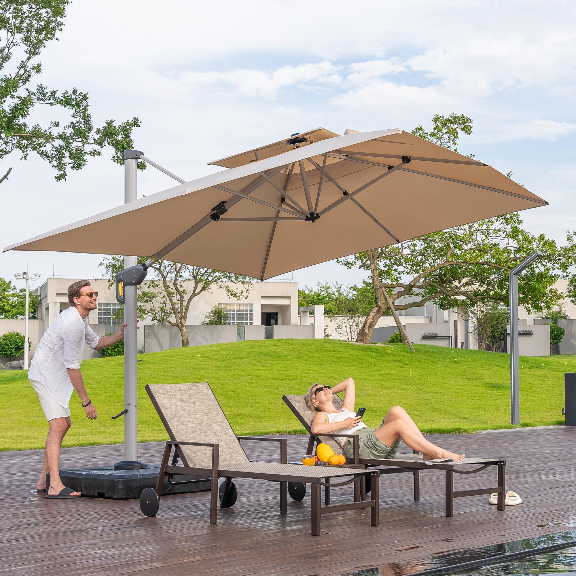 PURPLE LEAF Parasol Déporté 3 x 3 m Toit Double Rotatif 360° UPF50+, Beige