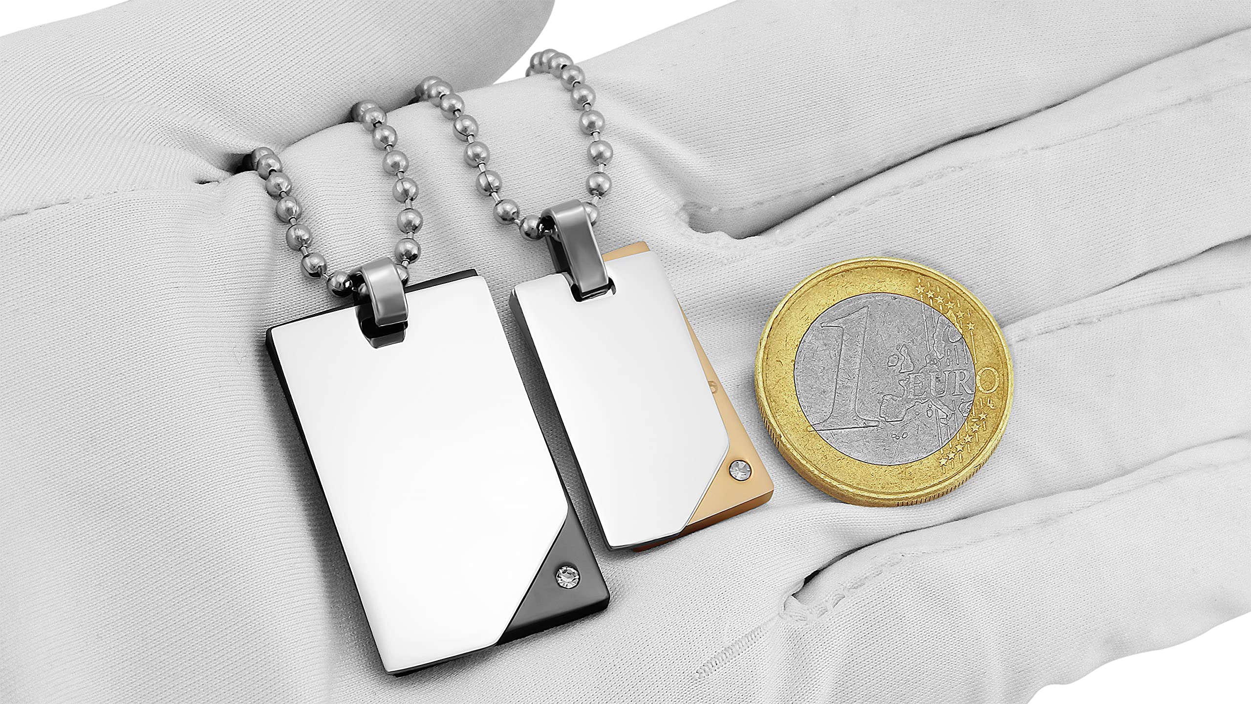 2 Stück Personalisierte Kette mit Gravur Edelstahl 50 und 60 cm mit Anhänger Dog Tag mit Stein in silber schwarz gold - Personalisierte Geschenke für Damen Herren Freundin Freund