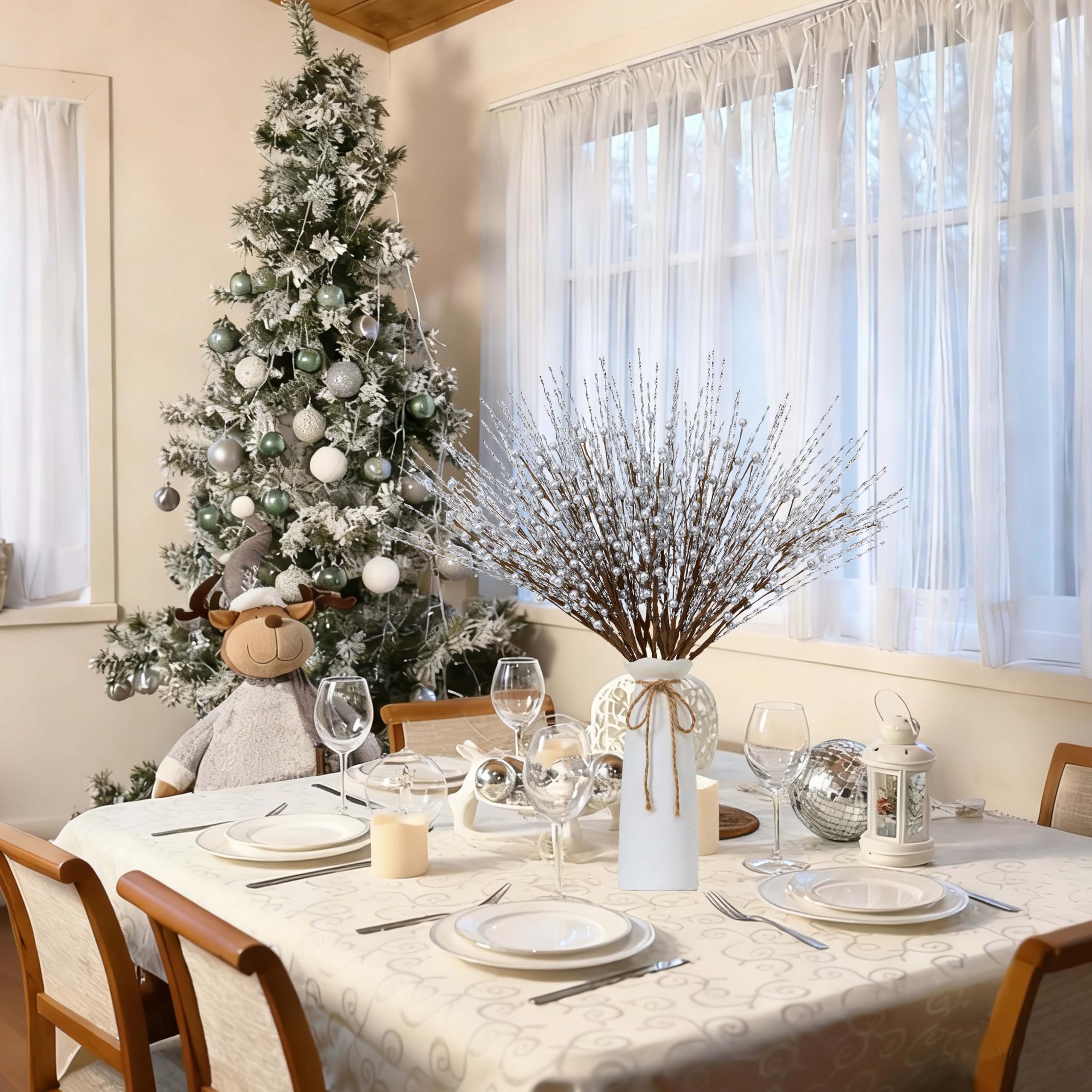 Steli di bacche artificiali, 24 pezzi, bacche di agrifoglio, 43,2 cm, ideali per l'inverno, le vacanze natalizie e la decorazione della casa (argento)