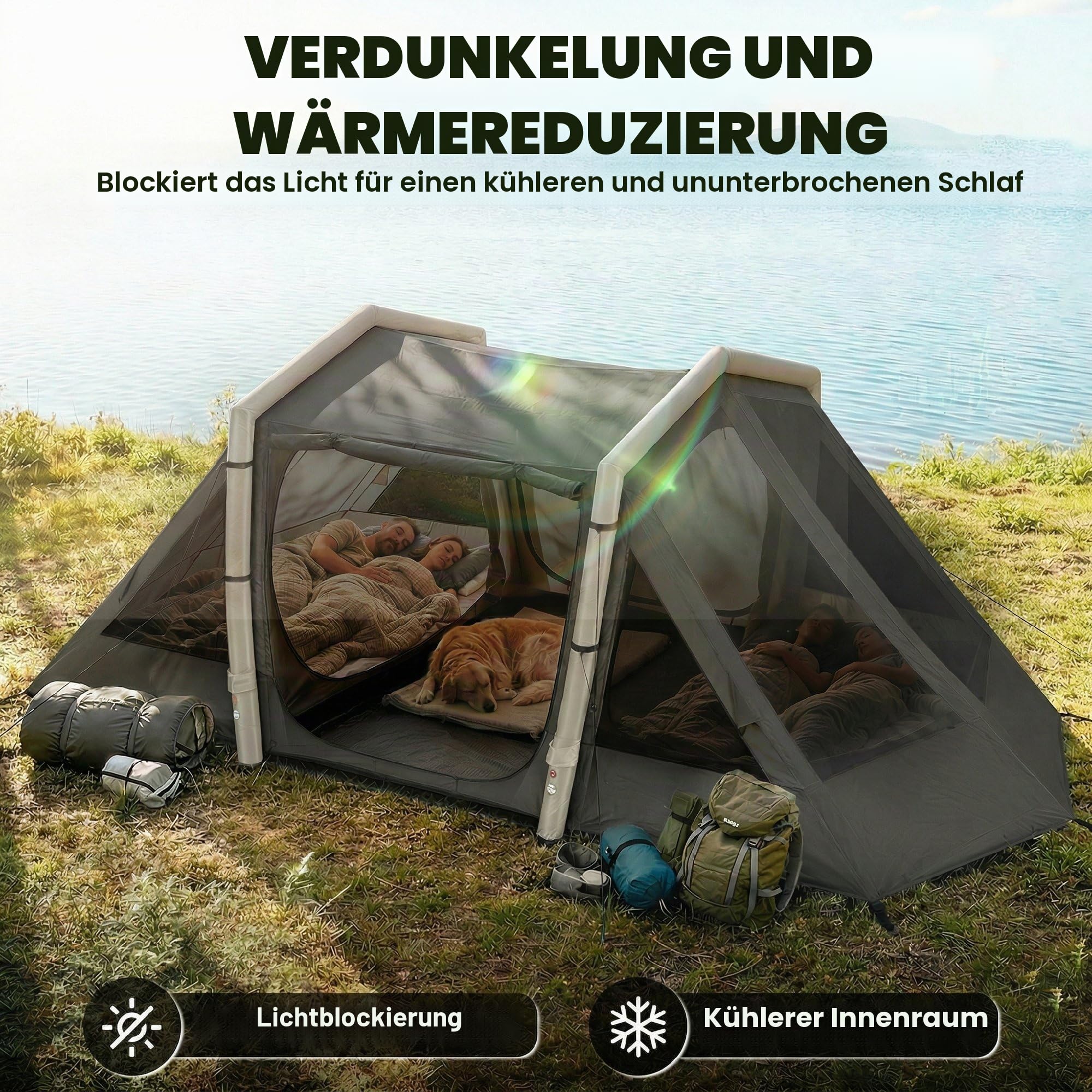 Outsunny Aufblasbares Campingzelt für 4 Personen, Blackout – Luftzelt 5,8 m lang mit 2 Schlafzimmern und Wohnzimmer – wasserdicht 3000 mm mit Pumpe, Sonnendach und fluoreszierenden Heringen