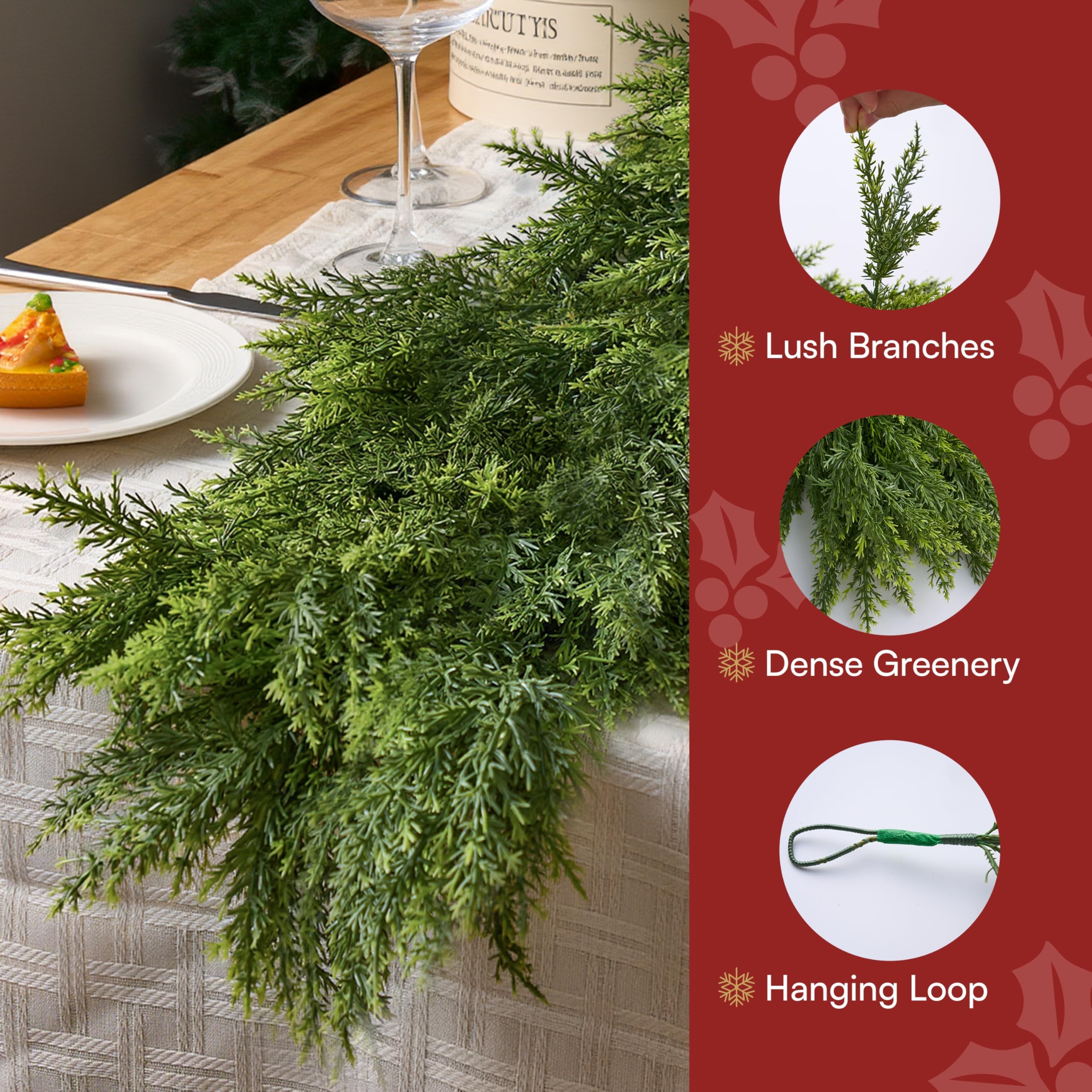 JOYIN Weihnachtsgirlande aus Zedernholz, realistisches Kiefern-Design, dick, üppig und biegbar, grüne Weihnachtsgirlande für Kaminsims, Tisch, Veranda, Innenbereich, Weihnachts-Party-Dekorationen