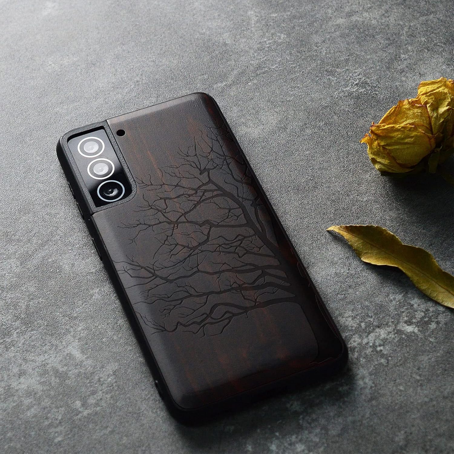 Carveit Wood Case for Galaxy S21Plus Case [Hard Real Wood & Soft TPU] Shockproof Hybrid Protective Unique Wooden Cover Compatible with S21 Plus 5G (Eternal Tree Carving-Blackwood)
