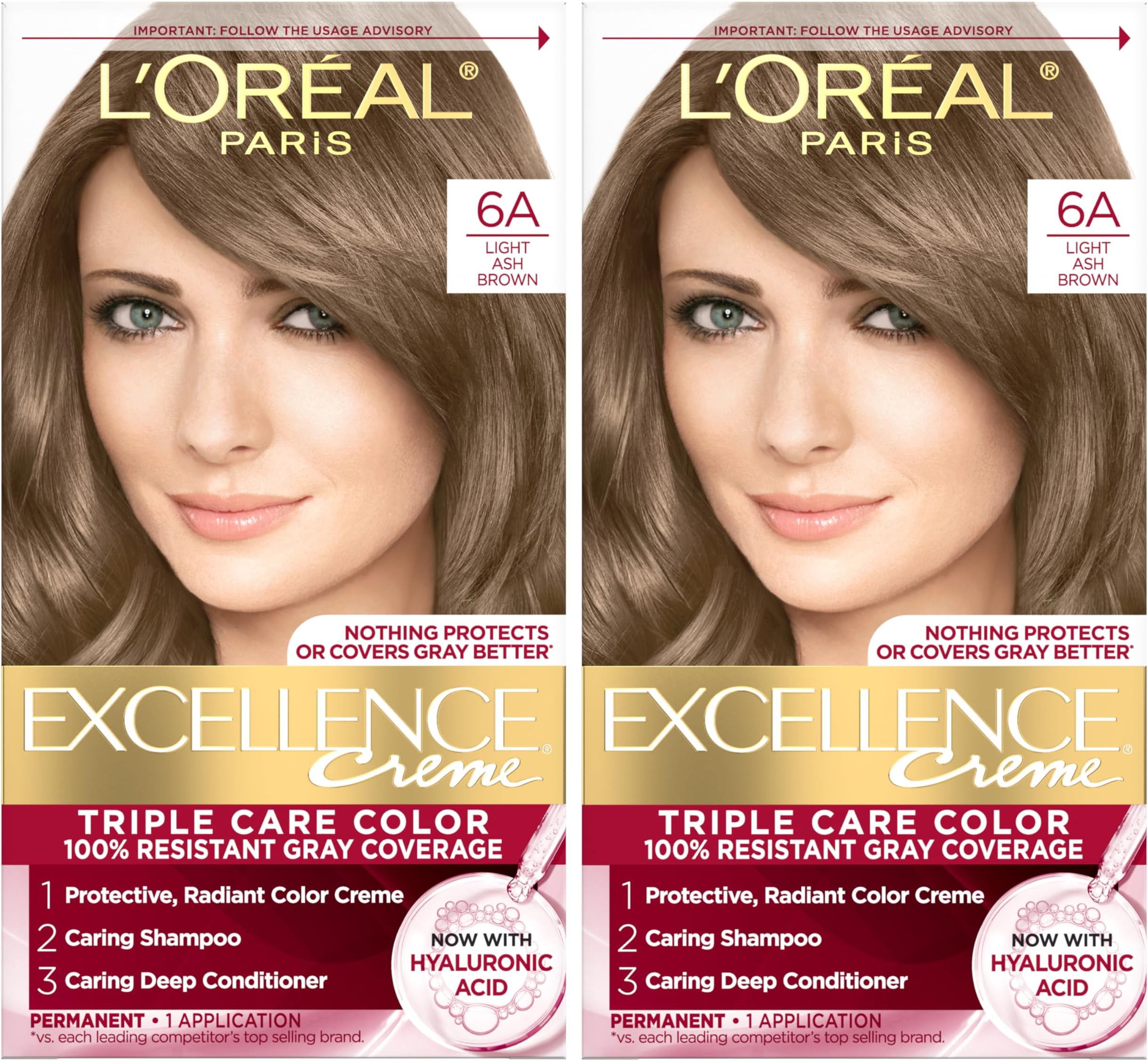 - Excellence Crème Permanent Hair Dye, Triple Care Hair Color with Hyaluronic Acid for 100% Gray Coverage, 6A Light Ash Brown, 1 Kit (Pack of 2) (Packaging May Vary)