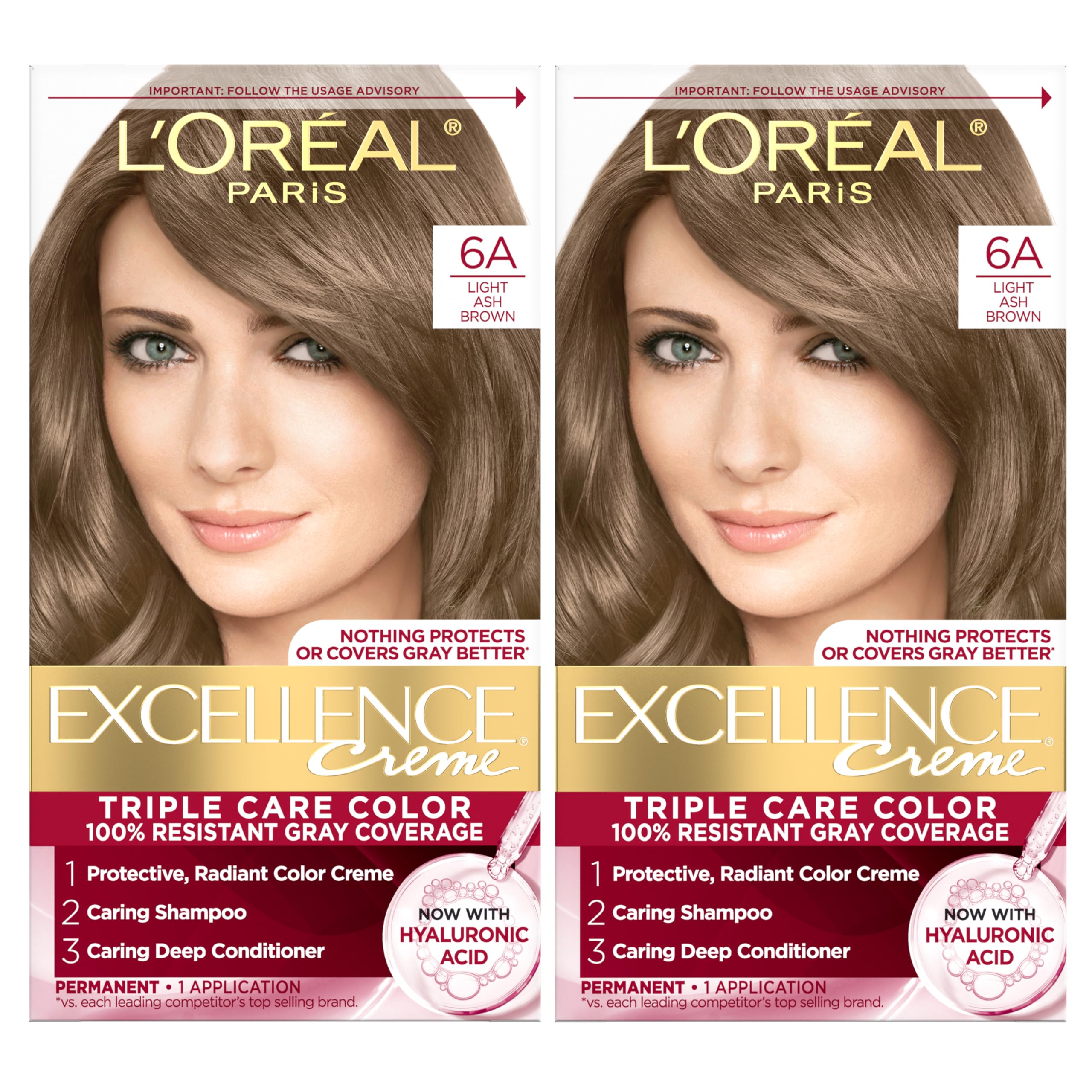 L'Oreal Paris Excellence Crème Permanent Hair Dye, Triple Care Hair Color with Pro-Keratine Complex for 100% Gray Hair Coverage, 6A Light Ash Brown, 1 Kit (Pack of 2)