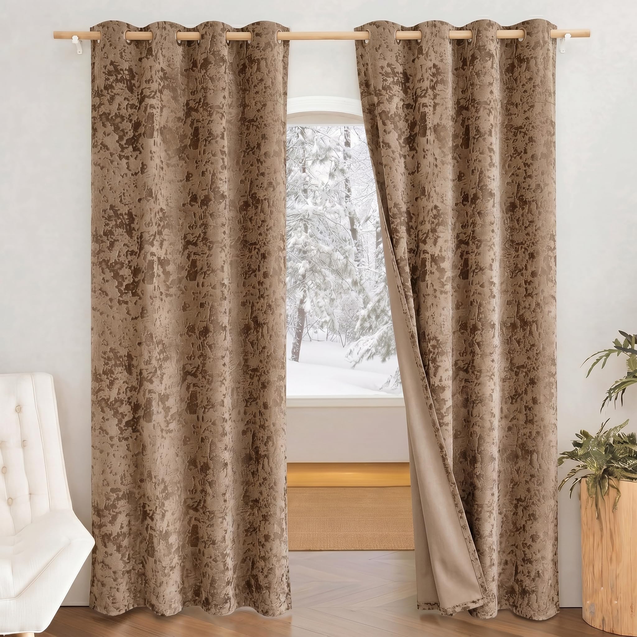 IVAZA Premium Velvet Burnout Pattern 70% Blackout Opaque Curtains - Thermal Insulated, Heavy Blackout Opaques, Room Darkening Curtain for Window 5 Feet Pack of 2 Brown Burnout