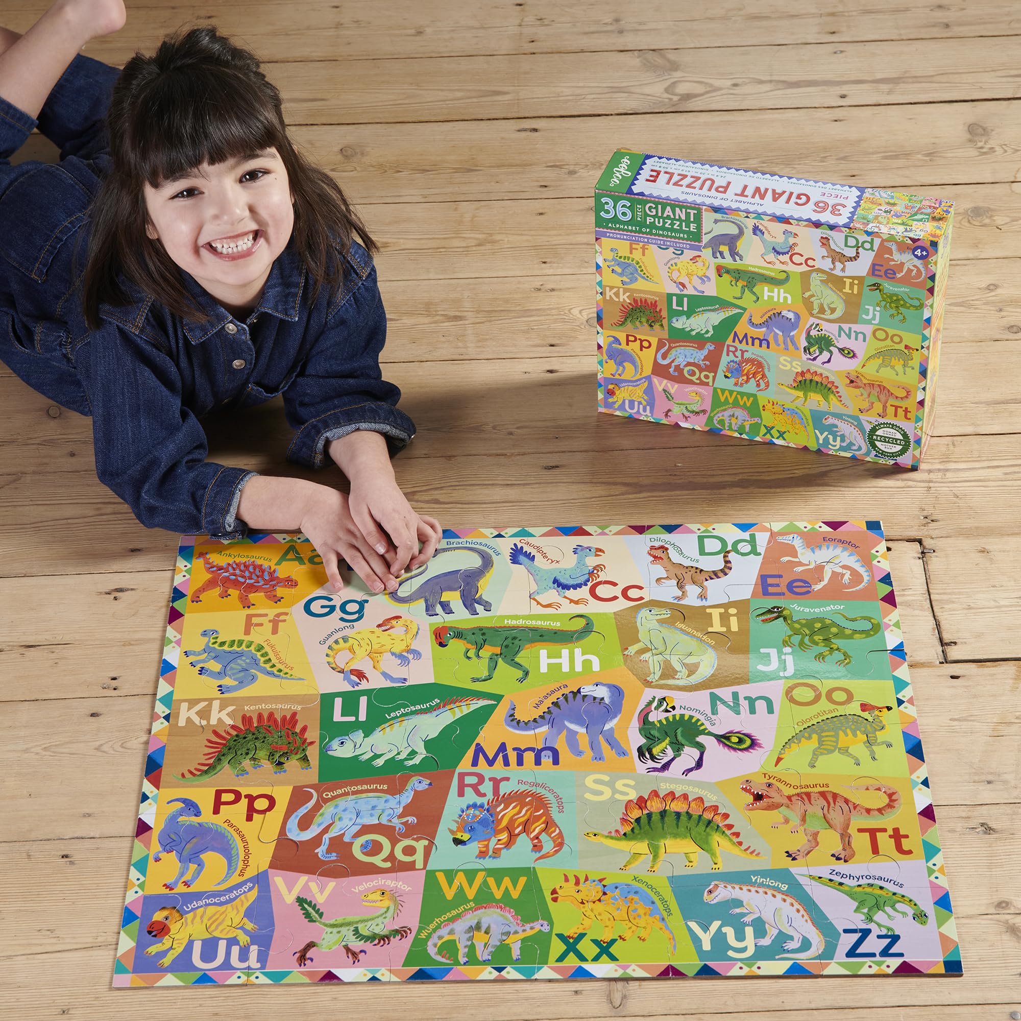 eeBoo: Dinosaurier-Alphabet-Puzzle, 36 Teile, 26 x 21 cm, prähistorisches Boden-Puzzle, übergroße Teile, pädagogischer Dino-Aussprache-Leitfaden für Kinder ab 3 Jahren