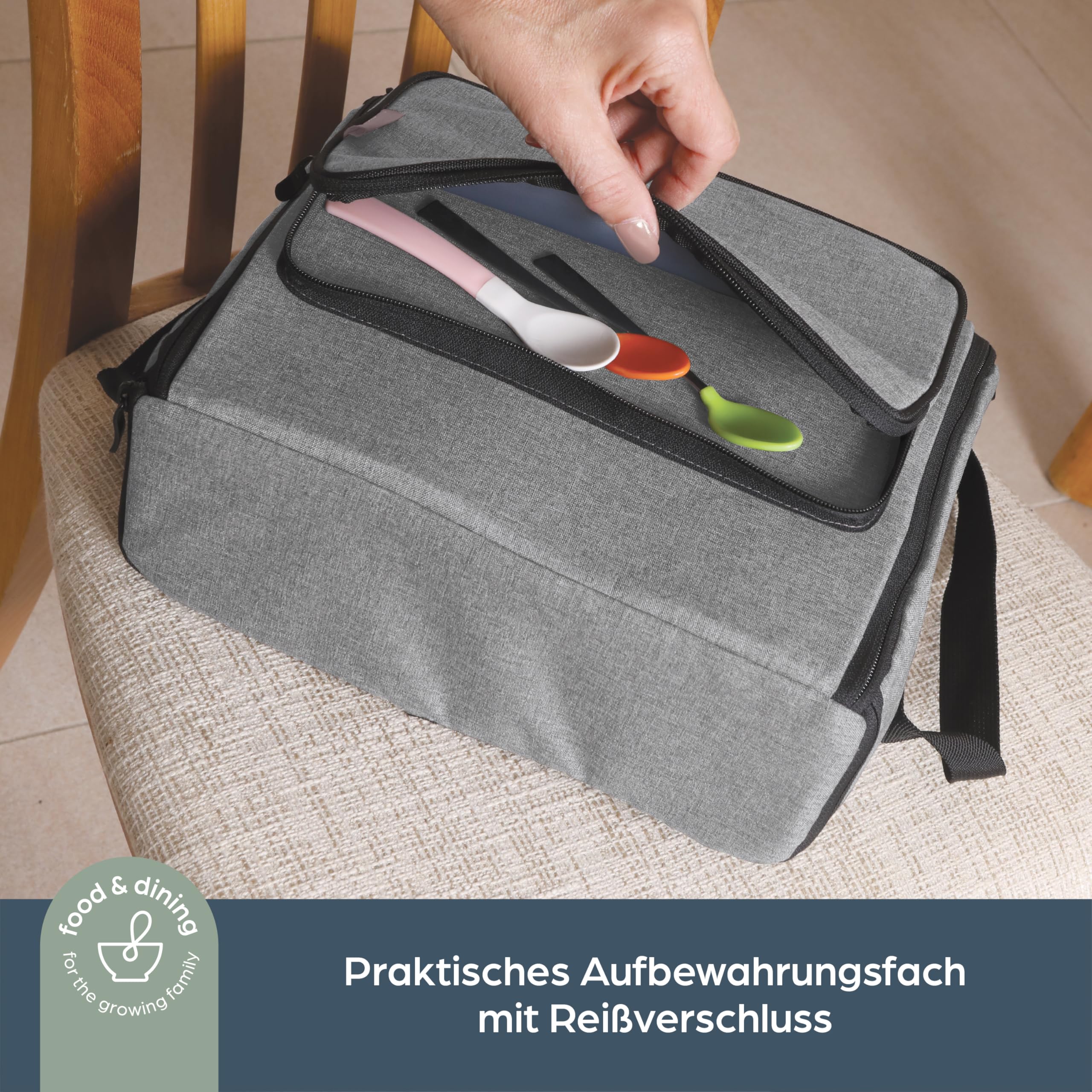 Dreambaby G6040 On-The-Go Kinder-Sitzerhöhung, tragbare Sitzerhöhung für Hochstuhl mit praktischen Staufächern, passend für die meisten Esszimmerstühle, leicht, kompakt und reisefreundlich