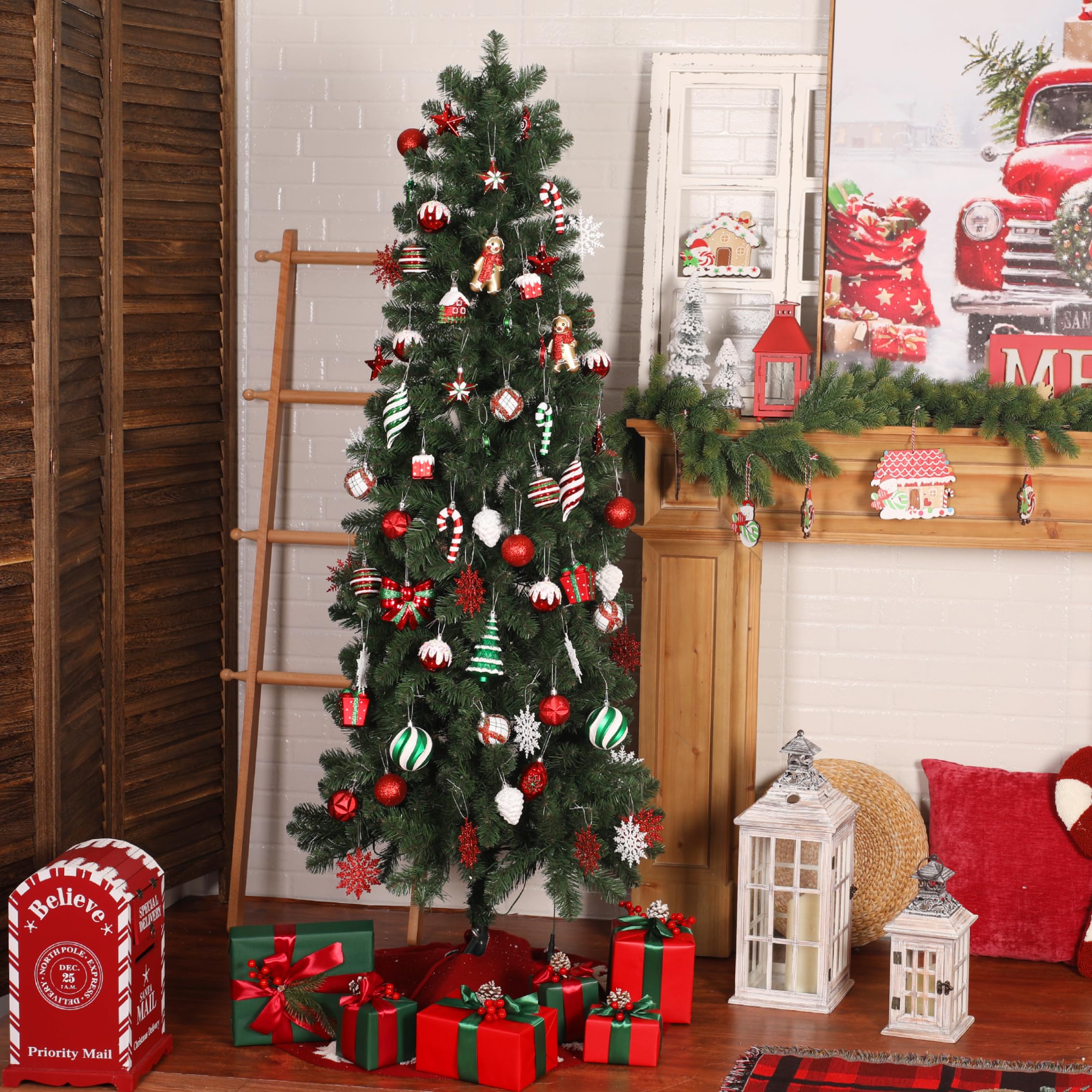 SHareconn Set di 65 Palline di Natale Decorazioni, in Plastica Infrangibile, Decorazione per Albero di Natale & Feste Matrimoni, Diverse Forme di Palline con corda, Rosso & Verde & Bianco