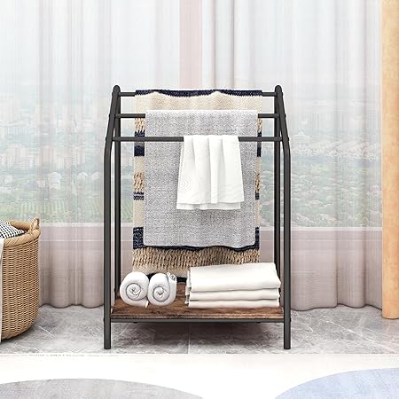 Smusei Handtuchhalter Stehend - 3-stufiger Ständer Mit Holz Ablage, Edelstahl Vintage Braun 40x30x82 Cm