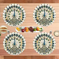 Jogo americano redondo de tecido, conjunto de 4 - tapetes de mesa de tecido de linho grosso lavável pavão para jantar, cozinha de festa e decoração de casa, decorativo e durável - 35,5 cm D61