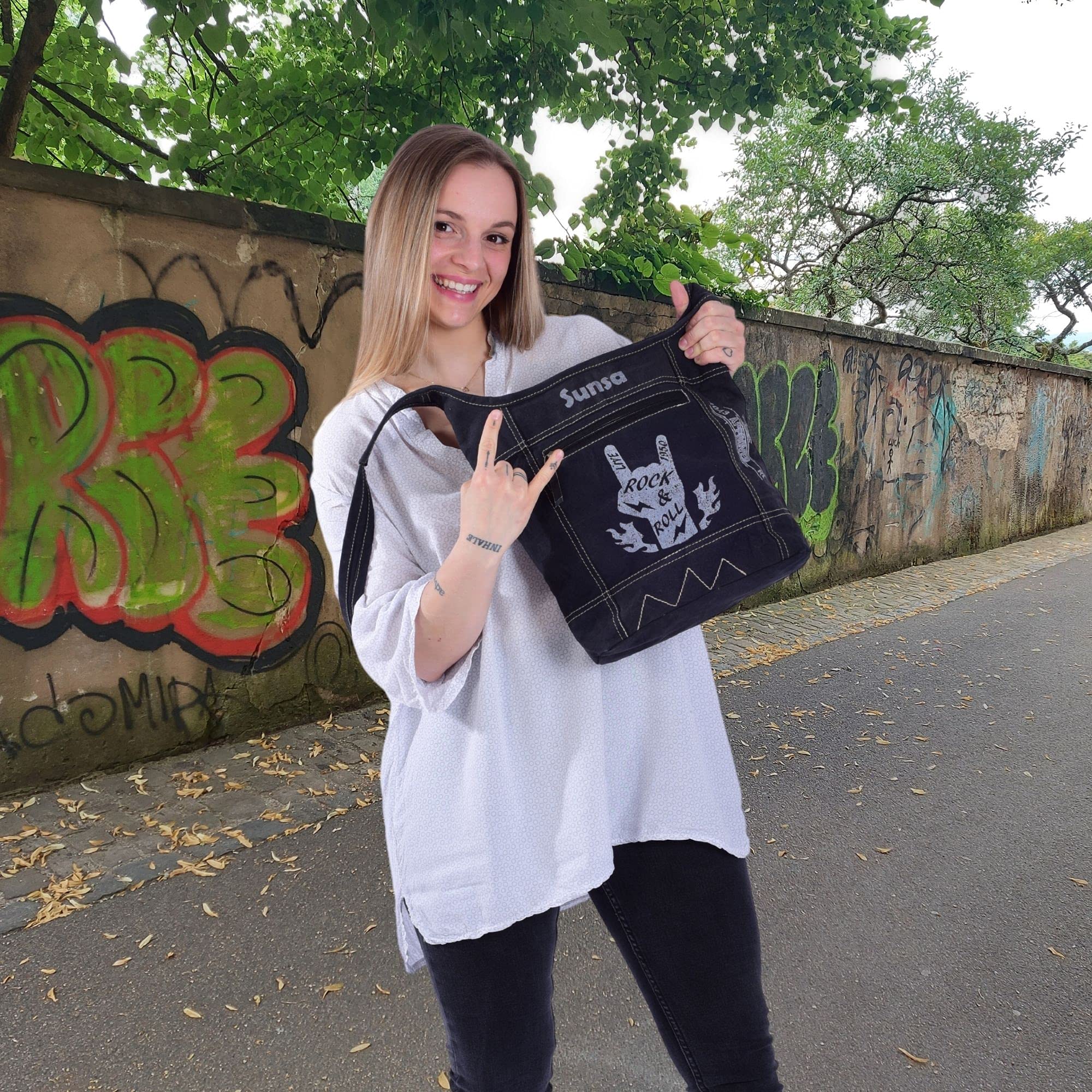 Sunsa Damen Hobo Tasche/Umhängetasche, aus Canvas. Nachhaltige Produkte, Groß Stoff Crossbody Bag, schwarze Schultertasche mit ROCK druck, Geschenkideen für Frauen/Mädchen