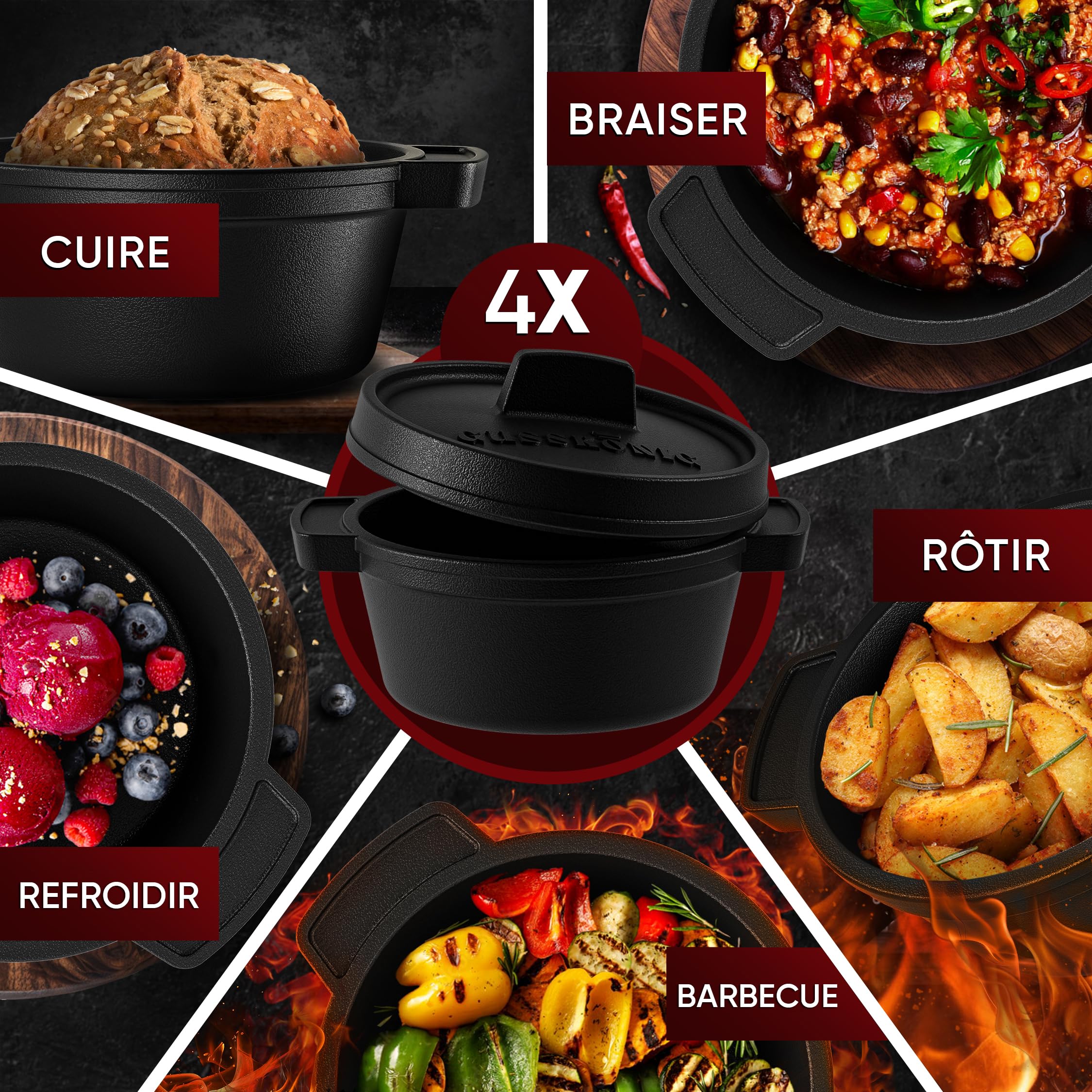 GUSSKÖNIG Ensemble Mini Dutch Oven - 4 Cocottes en Fonte 300 ml avec Couvercle - Cocotte Individuelle pour Barbecue (4 Pièces)