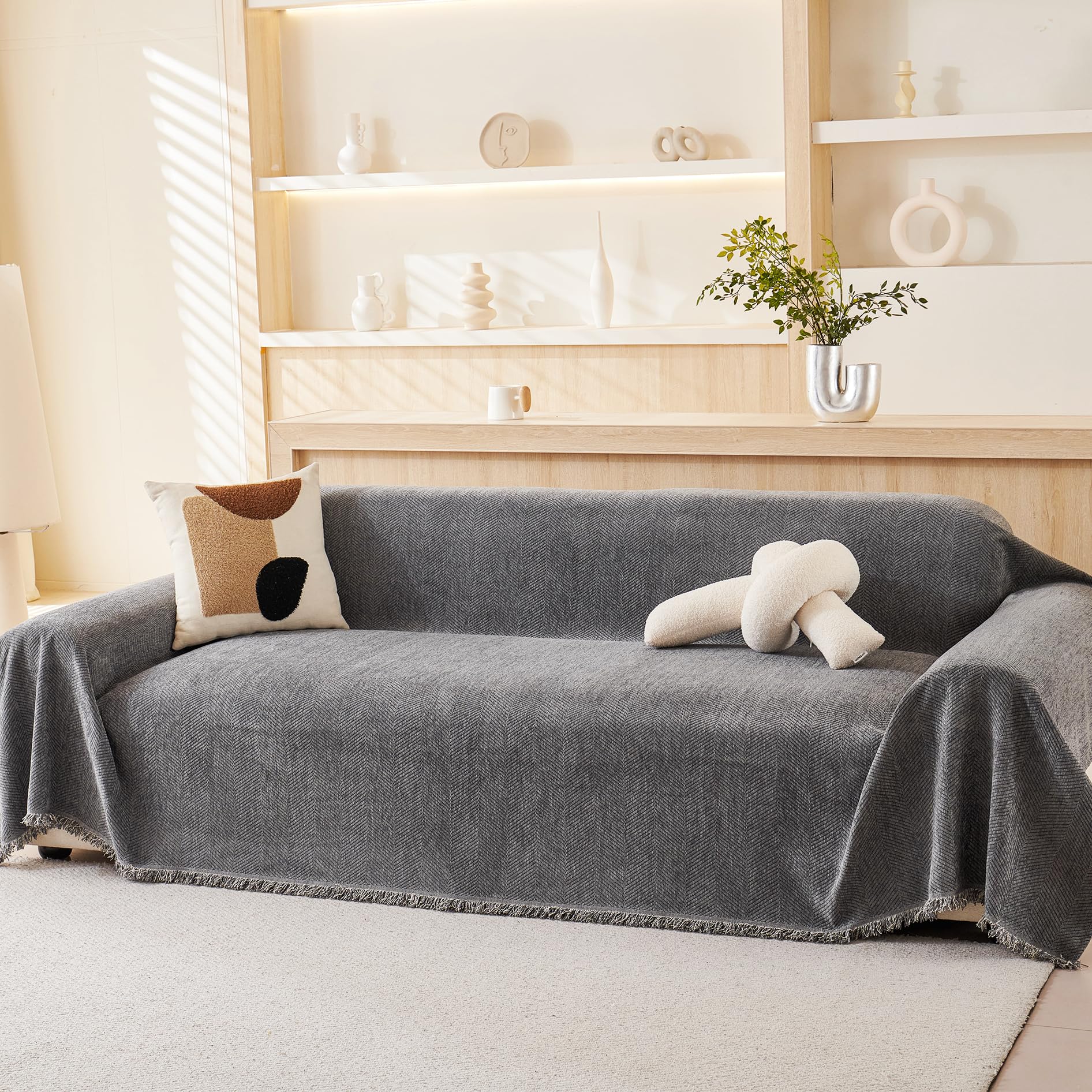 VANJOROY 100% Chenille Natural Sofa Large Throw Blanket For 3 4 Seater -Extra Large Throws for Settees, Natural Luxury Soft Throw for Chair Couch and Bed, Grey-180 x 420cm — image 1
