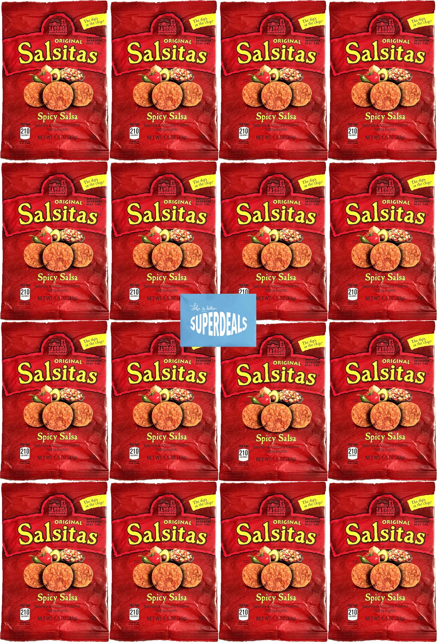 El Sabroso Salsitas Spicy Salsa Round Tortilla Chips, 1.5oz Bags (Pack of 16, Total of 24 Oz) bundled by SUPERDEALS with mystery gift in every order
