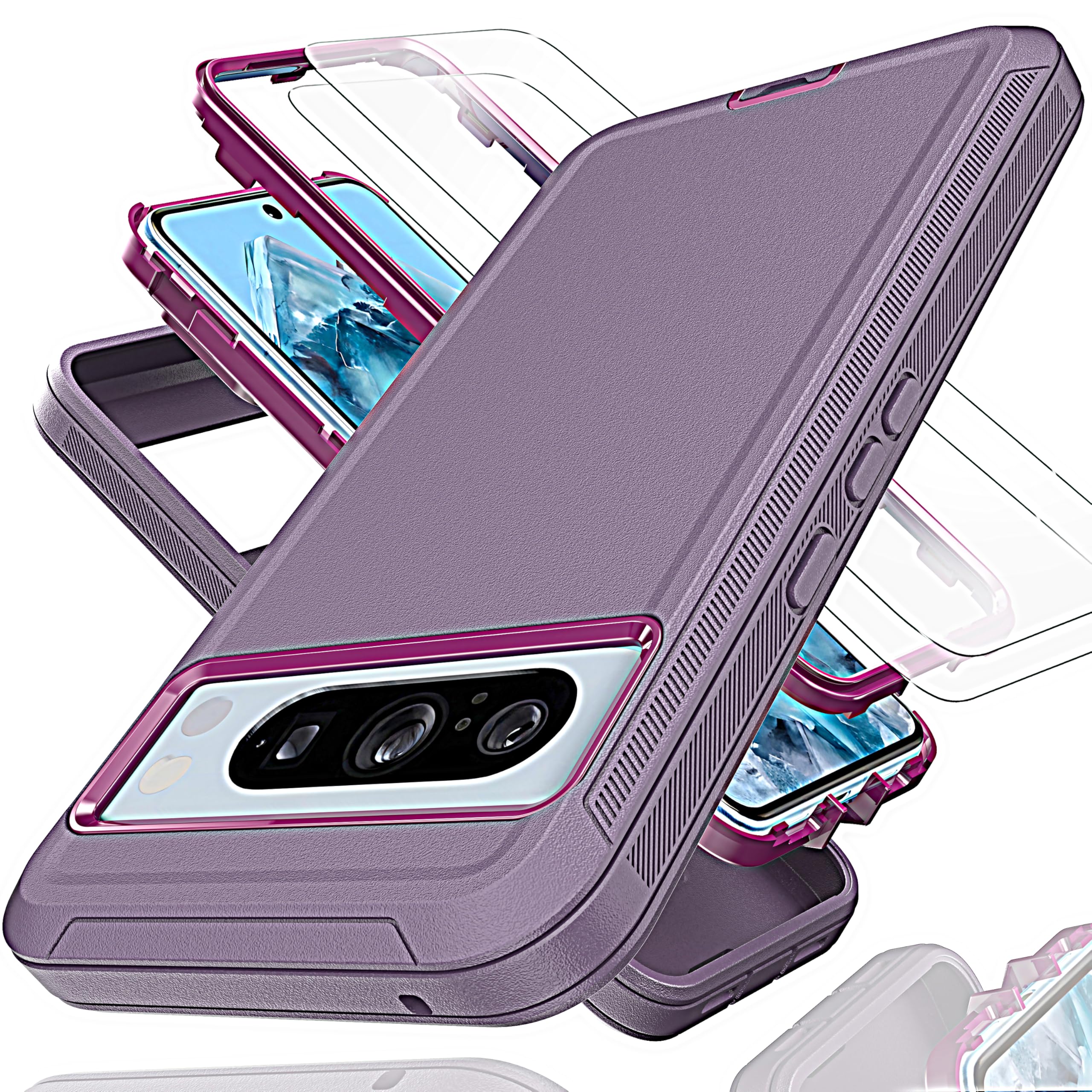 KaiMai for Pixel 8 Pro Case with Soft TPU Film Screen Protector[2 Pack],3 in 1 Shockproof TPU Hard PC Bumper Drop-Proof Shell for Pixel 8 Pro Purple/