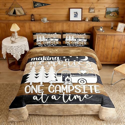 Miniatura 2 de Juego de edredón para niños, tamaño matrimonial, ropa de cama de campamento feliz, decoración de caravana para el interior, ropa de cama rústica