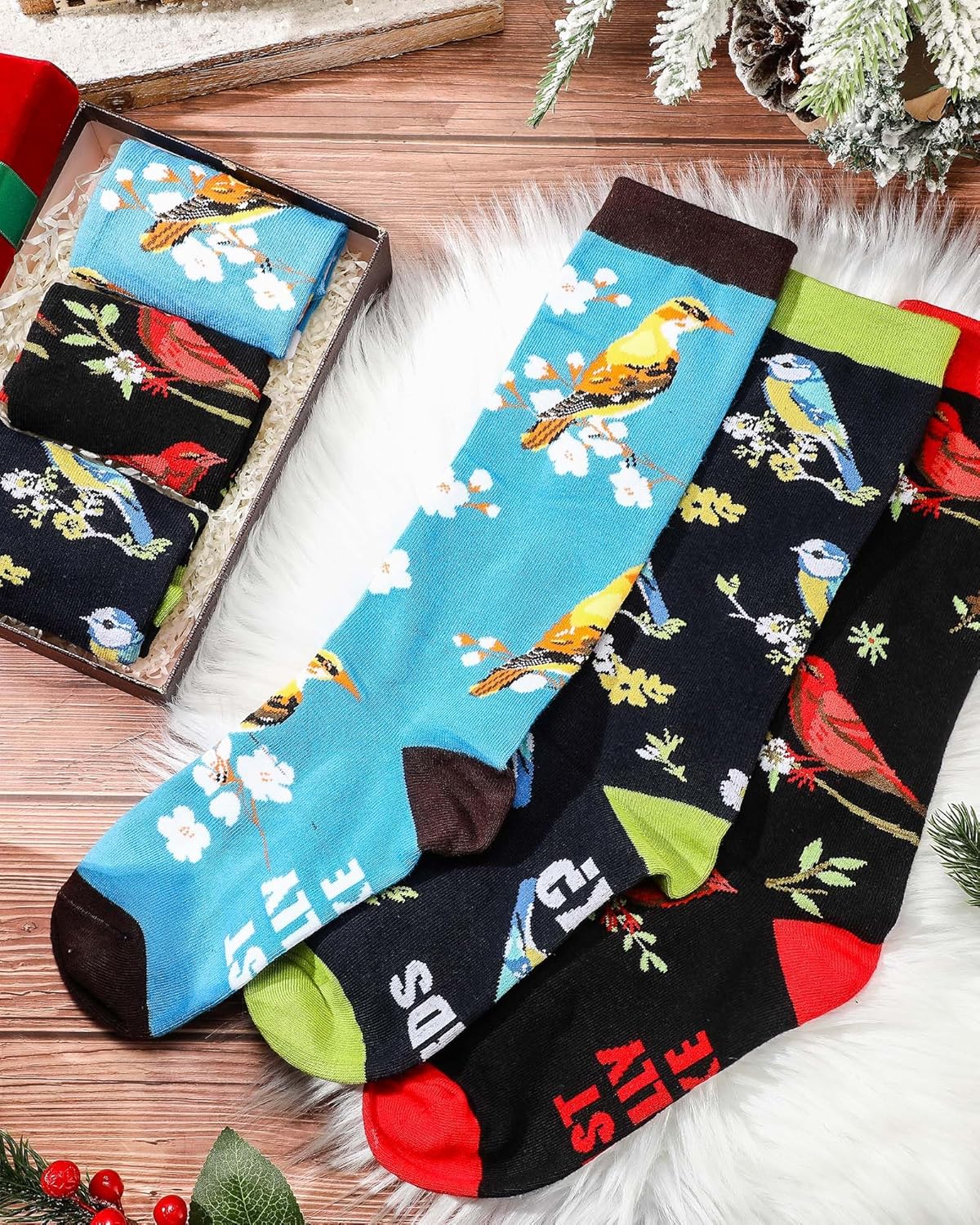 3 Pairs Winter Knee High Sock Gifts Fuzzy Novelty Funny Knee High Sock for Women Girls Bird
