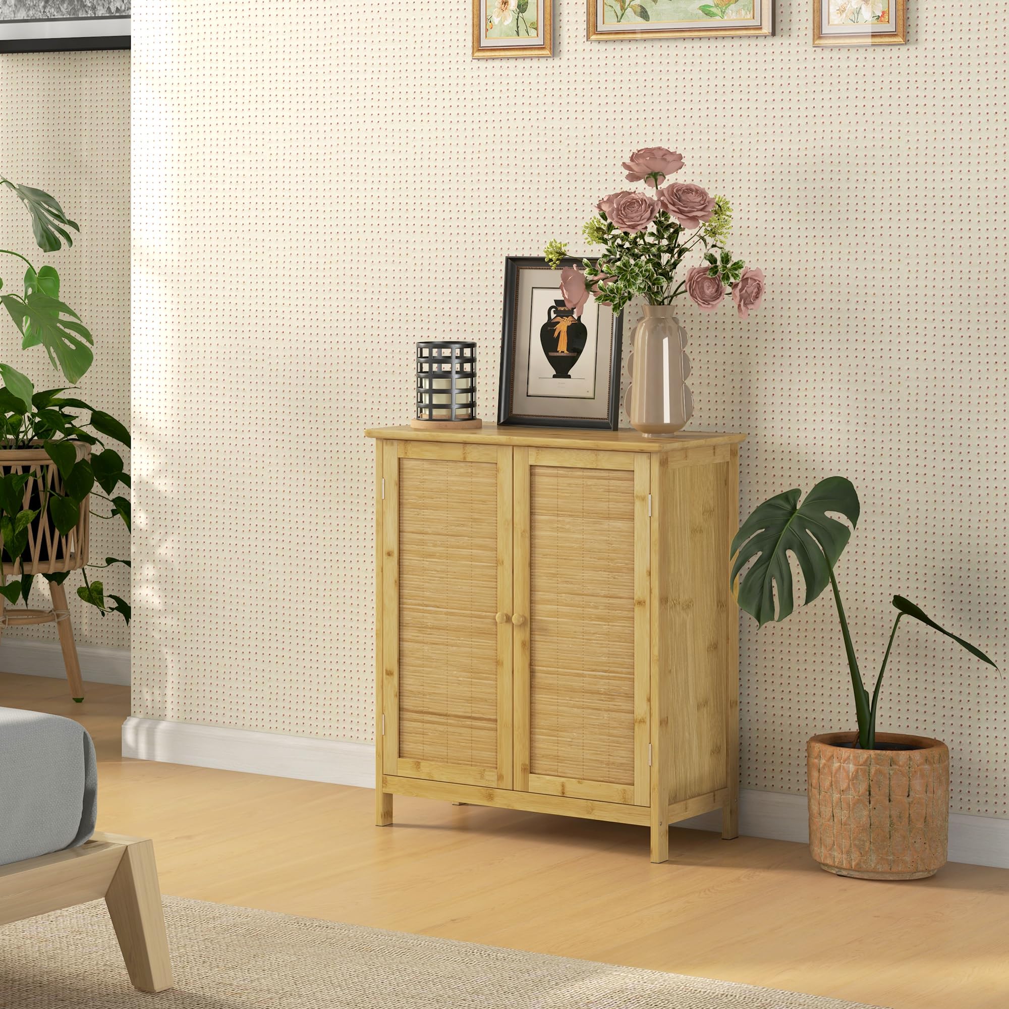 HOMCOM Aparador de Bambú de 2 Puertas con 2 Estantes 60x27x67,5 cm Natural | Aparador de Salón Bohemio, Entrada, Cocina, Dormitorio