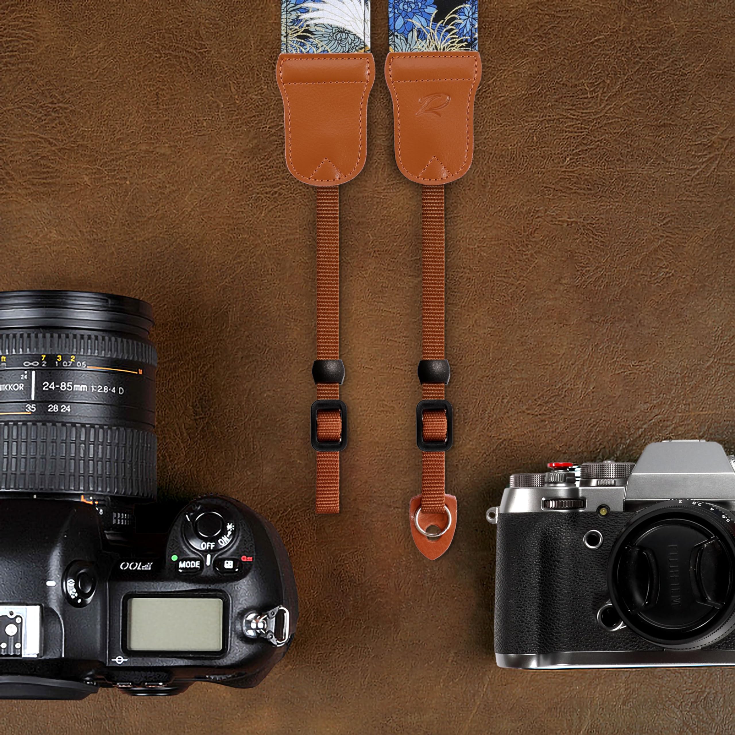 Padwa Lifestyle Sangle pour appareil photo Crane marron - 5,1 cm en cuir de vachette - Sangles pour appareil photo en coton pour photographes, impression d'art japonais vintage - Sangle de cou et