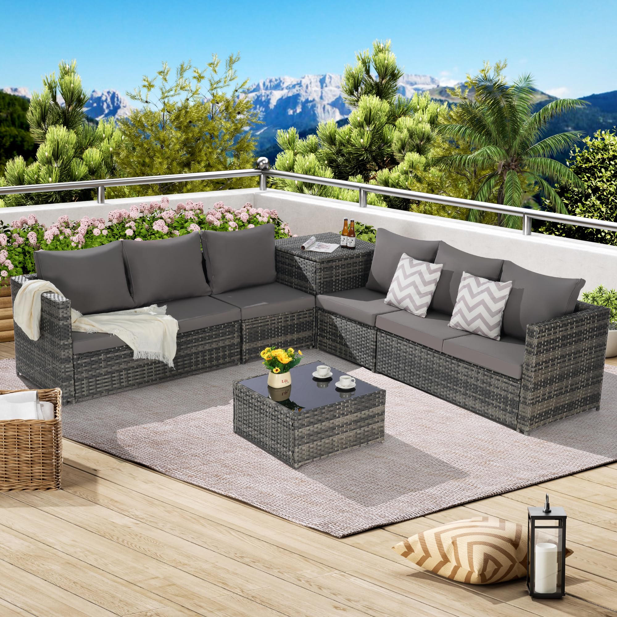 FAVSH 6 Pieces Patio Furniture Set,Outdoor Woven Sectional L- Shaped Patio Wicker Conversation Sets with Corner Table&Glass Top Table for Backyard