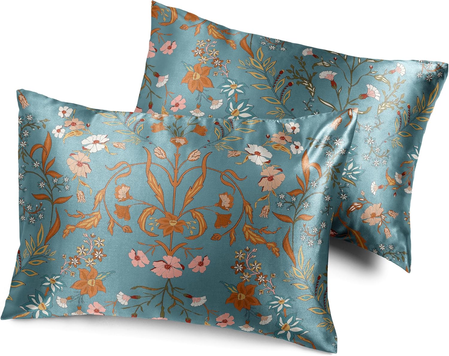 Sweet Jojo Designs Boho Wildflower Vintage Floral Girl Satin Pillowcases Queen Size Pillow Case Hair Skin Silky Soft Pillow Sham Cases 2p Turquoise Orange Botanical Bohemian Farmhouse Cottagecore Pink